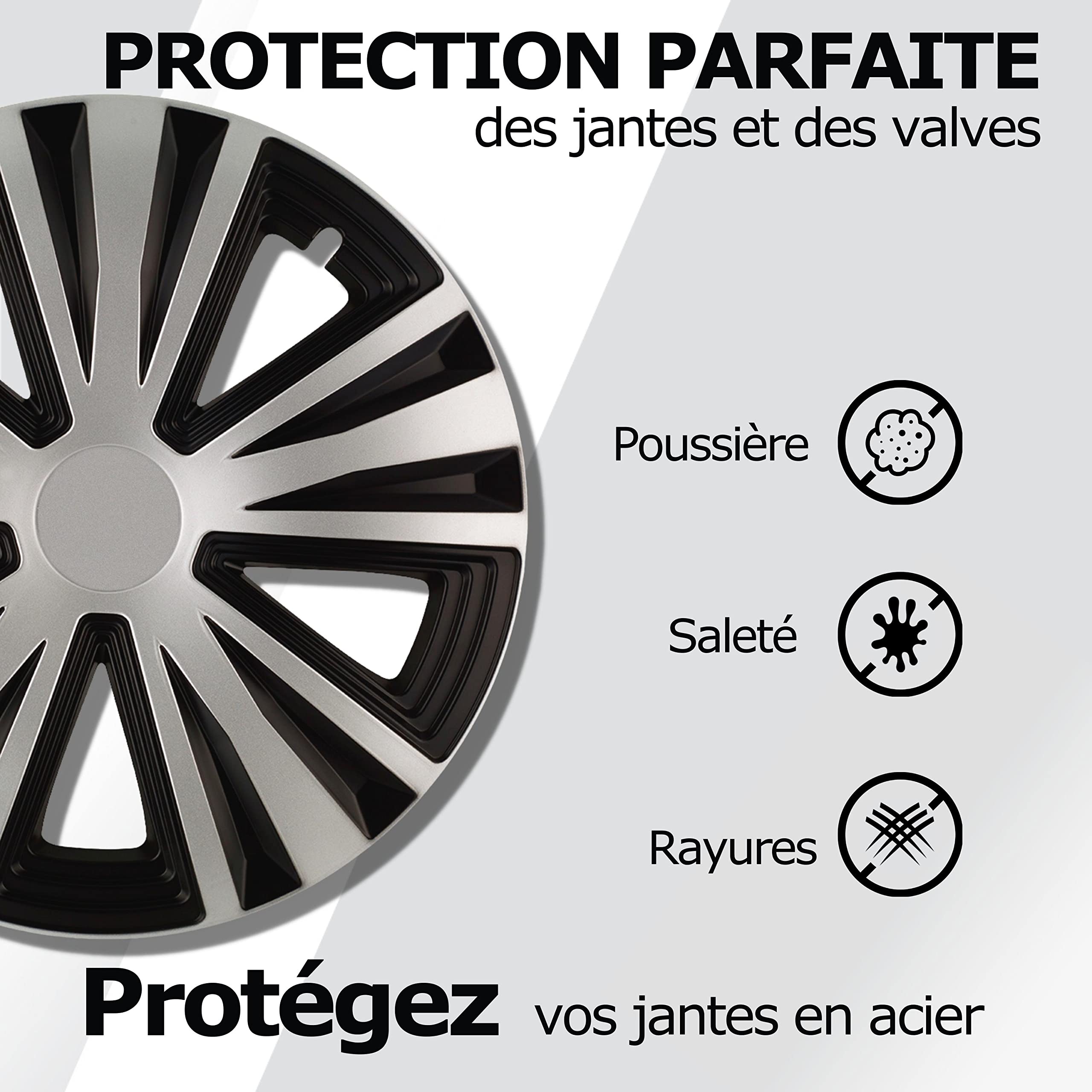 Kuglo G-Night 4 enjoliveurs 16 Pouces Argent/Noir pour Jantes Acier