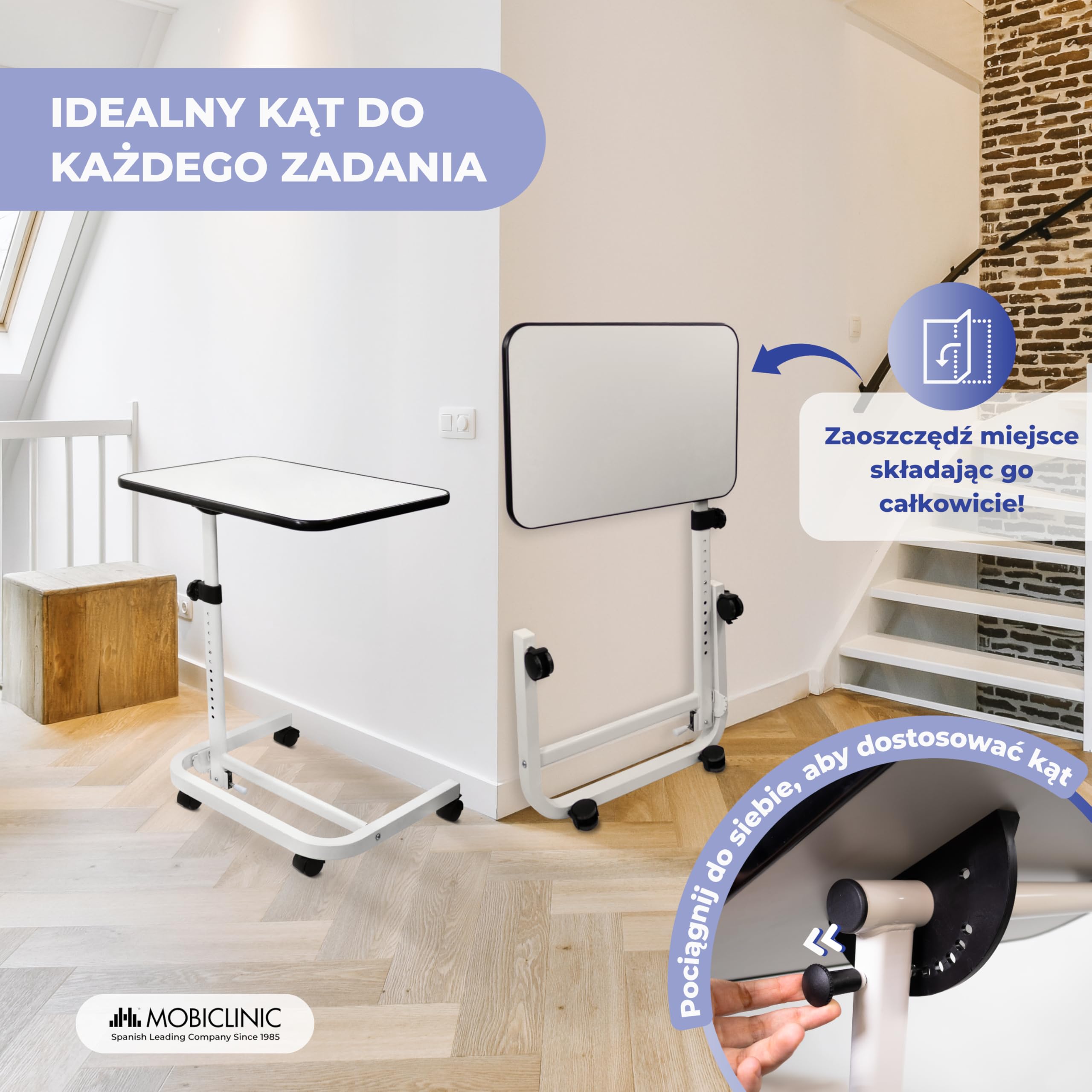 Mobiclinic®, Stolik Boczny, Składany, Regulowana Wysokość, Odchylany, do Komputera, Sofy, Łóżka, Obręcz Antypoślizgowa, Kółka 360º z Hamulcami, w Kształcie Litery C, Cumbre
