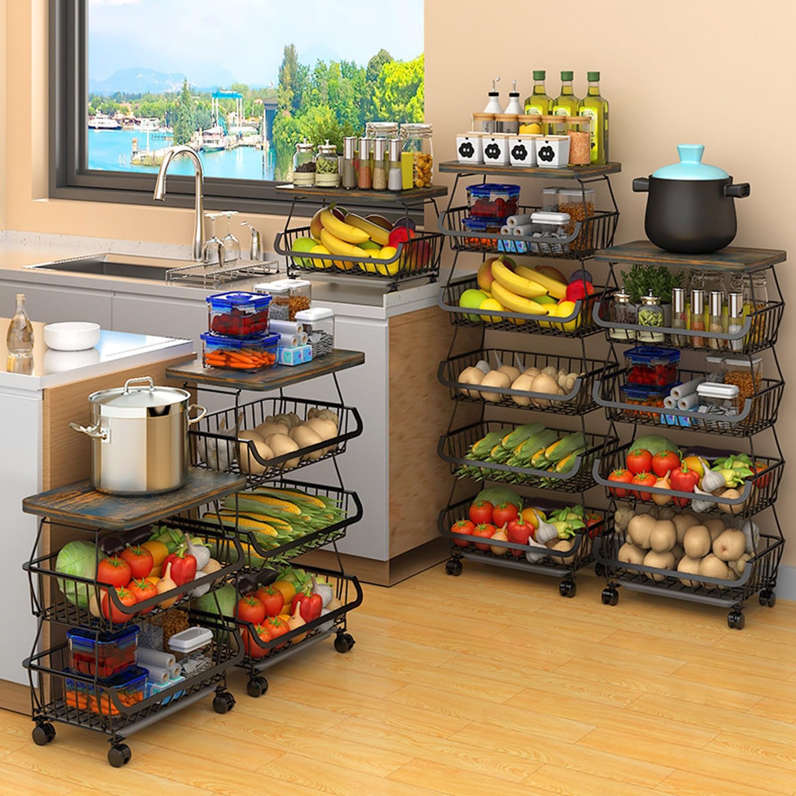Carrello da cucina a 3 livelli con cestini portaoggetti rimovibili e ruote universali, per la casa e l'ufficio