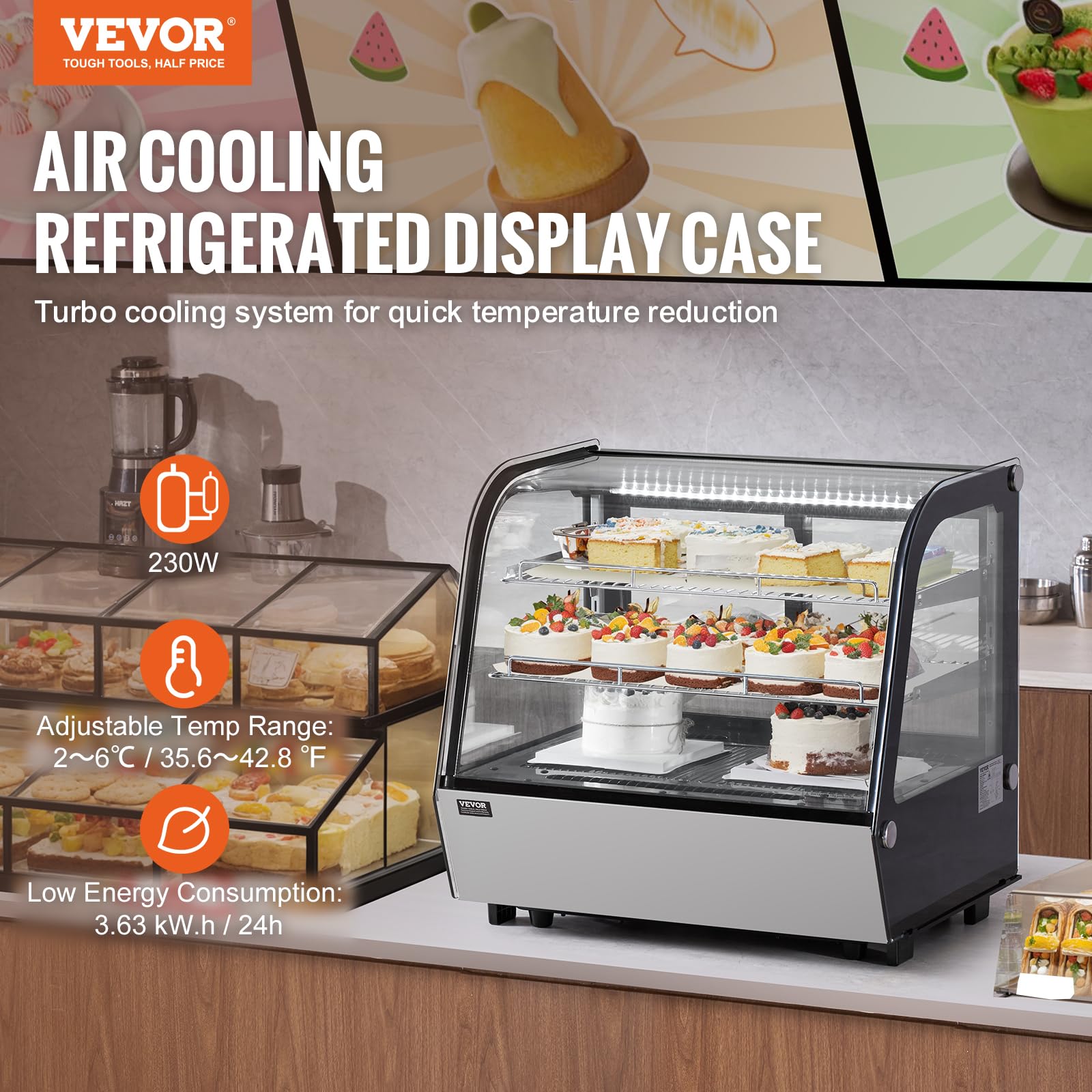 VEVOR Vitrina Refrigerada Comercial 115 L Vitrina de Pastelería de 2 Niveles Refrigerador con Iluminación LED Enfriamiento TURBO Enfriamiento por Aire sin Escarcha, para Pasteles de Panadería