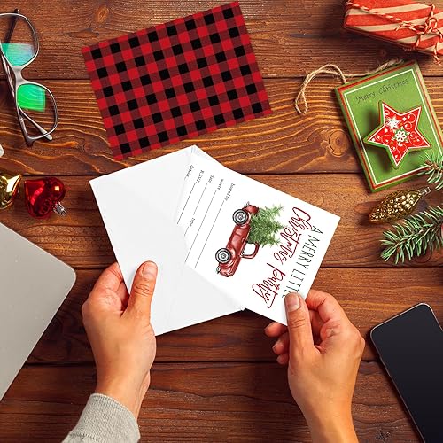 Miniatura 6 de Whaline Paquete de 25 tarjetas de invitación de fiesta de Navidad, acuarela, vintage, rojo, camión, invitación, tarjetas de papel con sobres,