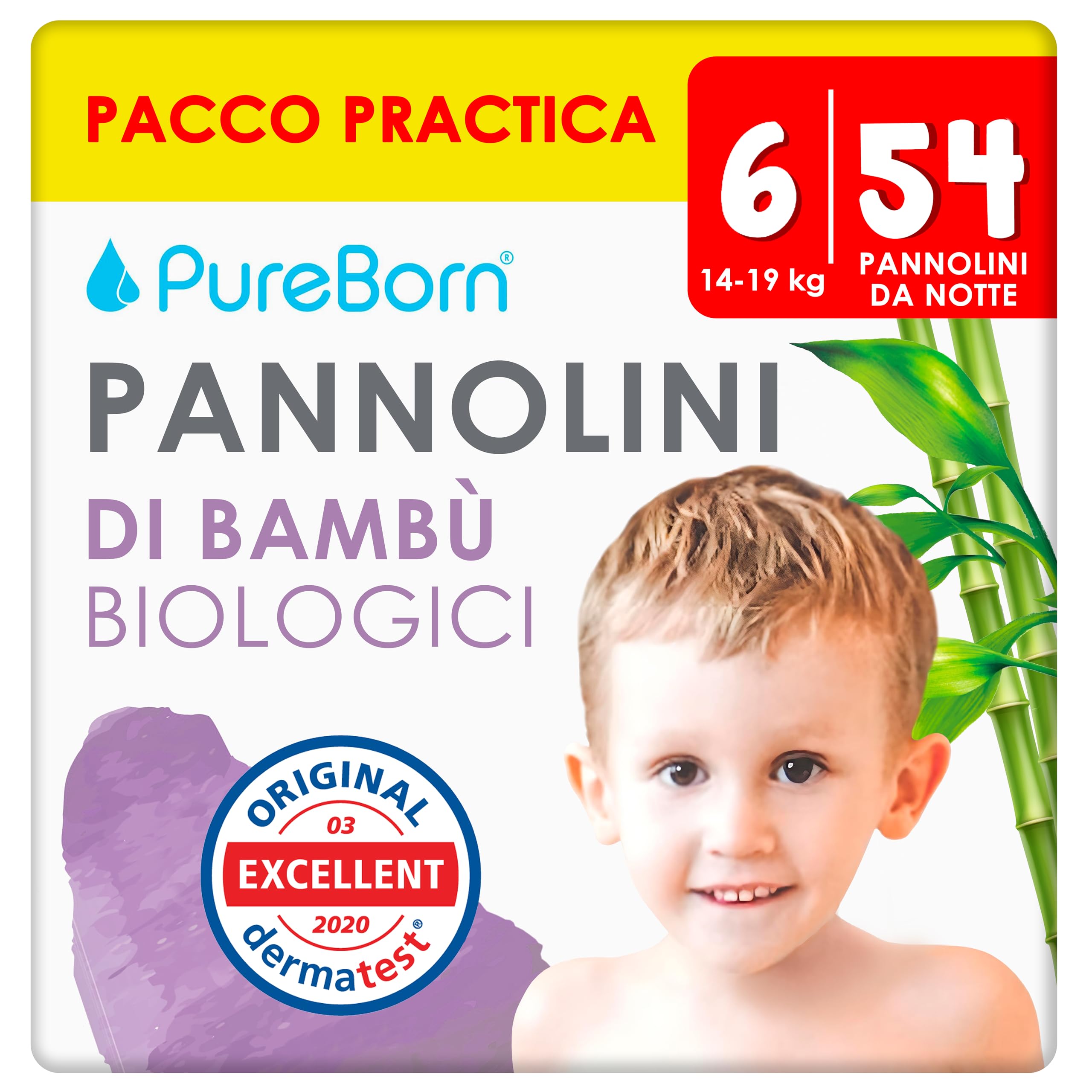 PureBorn Bio Bambus Nachtwindeln, Größe 6 (14-19 kg), 54 Stück Pyjama Windeln Pants, Auslaufschutz für die ganze Nacht, Extra Absorption, Geruchsschutz, Höschenwindeln mit Nässeindikator