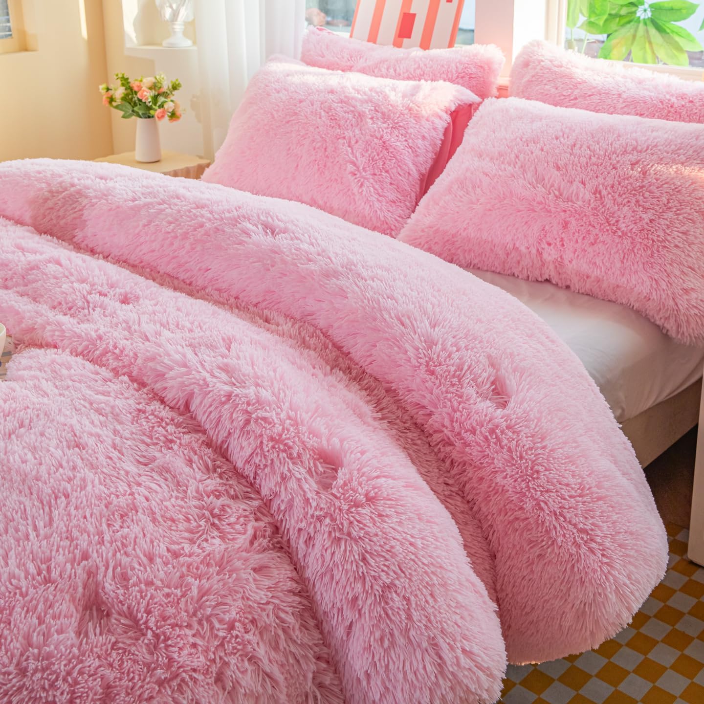 Kids Girls Faux Fur Light Pink Comforter Sets Twin/Full - 3PC Bed Set Skin Friendly Soft Warm Comfortable Classical Rabbit Plush Velvet Flannel Fluffy Fuzzy Bedding(Comforter x 1 Pillowcases x 2) - Image 5