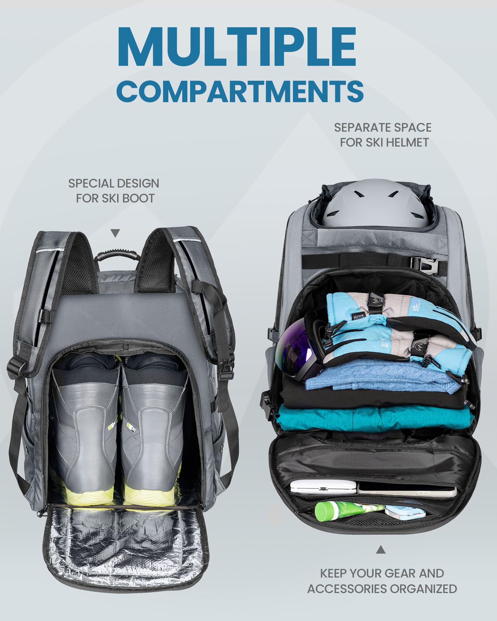 OutdoorMaster torba na buty narciarskie, 65 l, wodoodporna, na buty narciarskie, snowboard, naramiennik, plecak narciarski na kask, gogle dla mężczyzn i kobiet