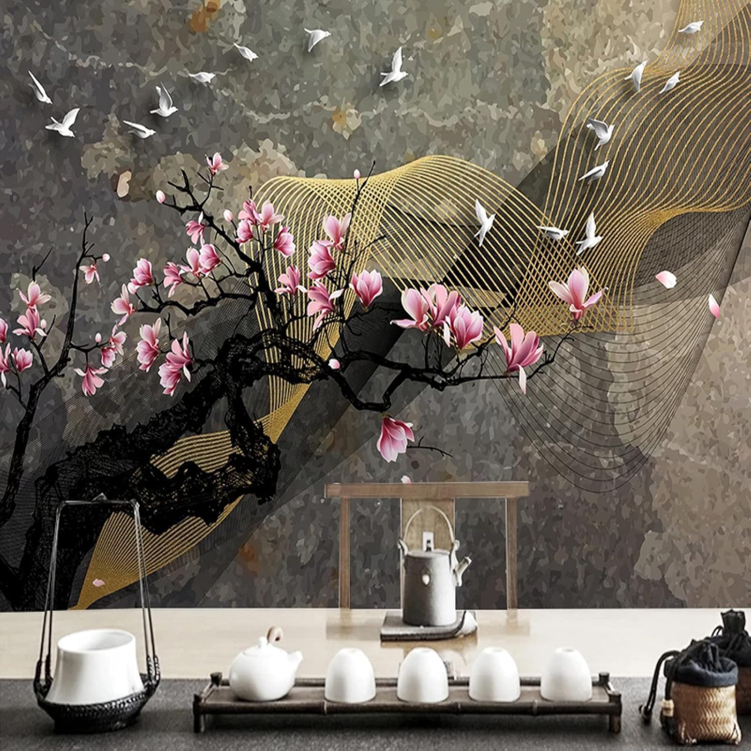 Papier peint 3D cubique rose magnolia XLMING salon 150x105 cm