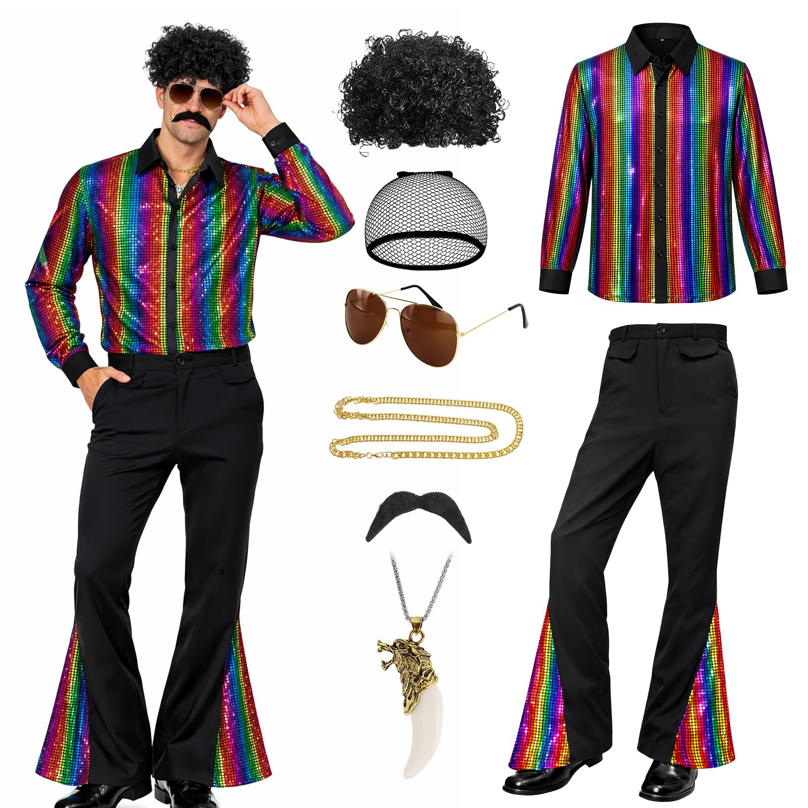 Malloom 70s Men's Disco Costume with Satin Shirt,Bell Bottom Pants, Wig, Mustache, Necklace, Sunglasses, Wig Net Hat, Suitable for Party Wear Disco Masquerade Costume (Colorful, X-Large)