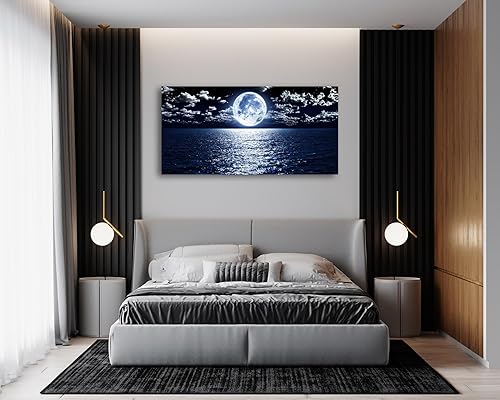 Miniatura 4 de Cao Gen Decor Art S06950 - Lienzo decorativo para pared, diseño de luna, mar, océano, paisaje, 1 panel, luna llena en nube, cuadros estirados y