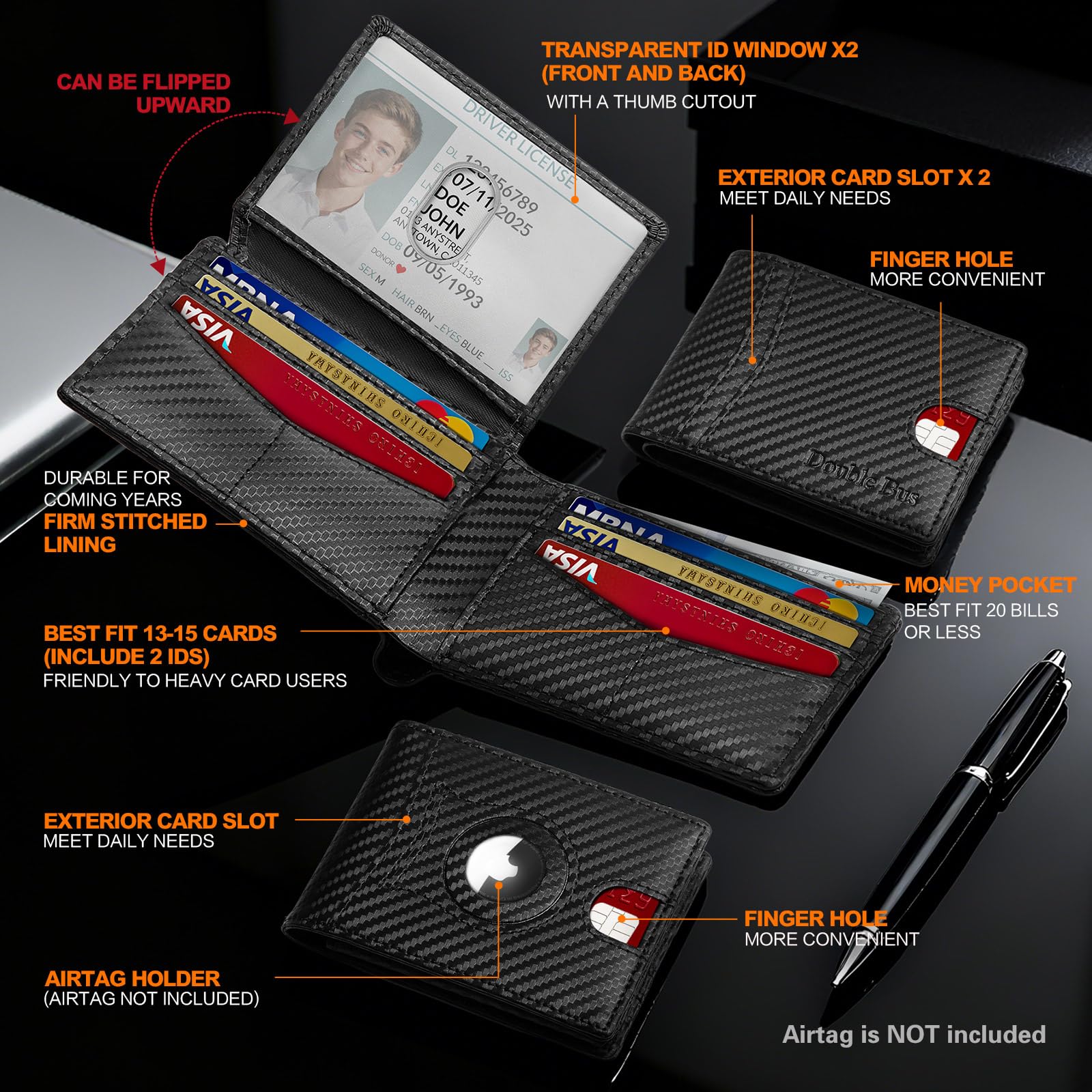 Wallet for Men Slim RFID Blocking Bifold Carbon Fiber,Minimalist Small Compact Front Pocket Credit Card Holder,Thin Mens Leather Wallets Smart Security With 2 ID Windows 1 Cash,Birthday Gifts for Men