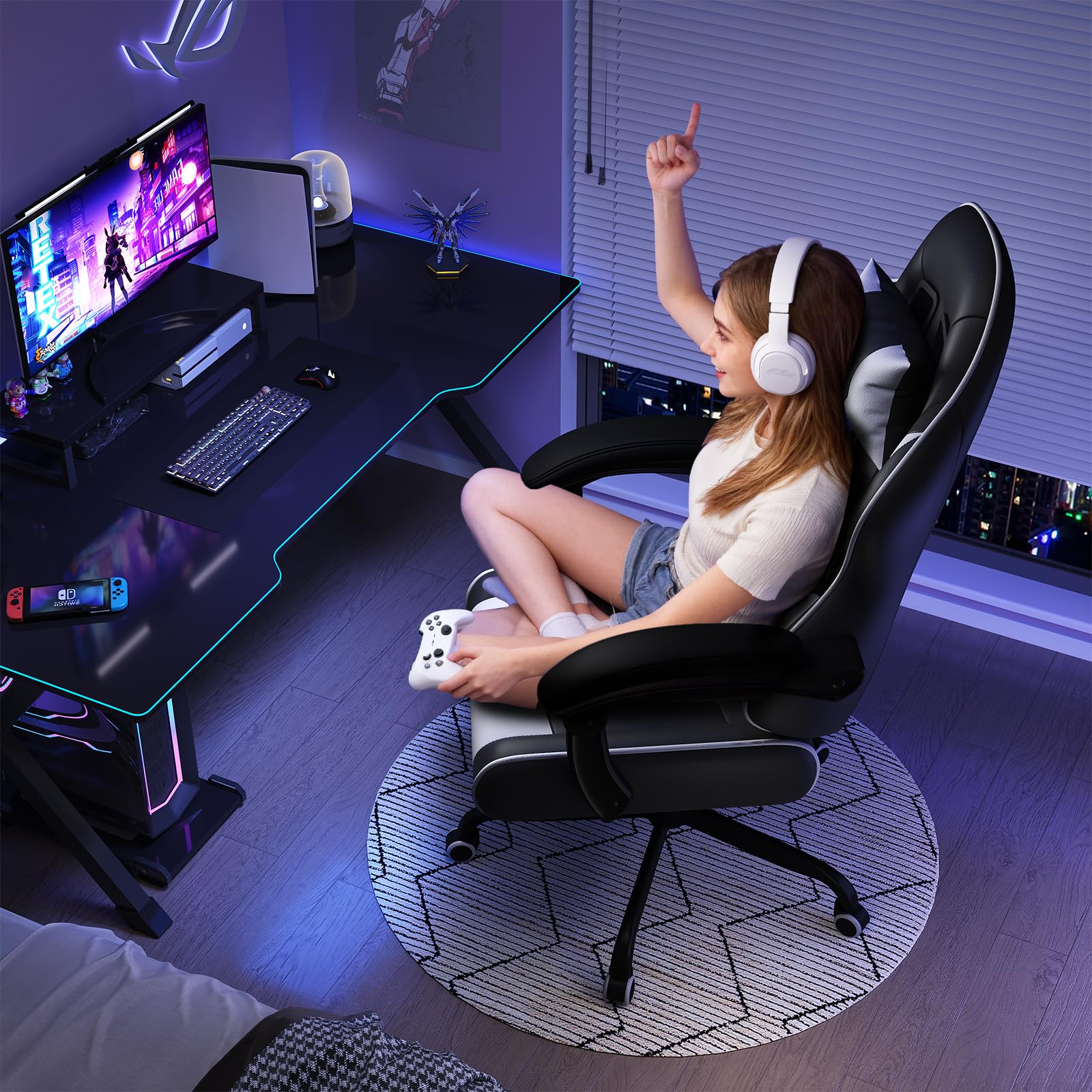 JUMMICO JETSTREAM Poltrona Gaming Ergonomica Con Poggiapiedi, Poggiatesta, Massaggio E Sollevamento Pneumatico, 150 Kg, bianco e nero