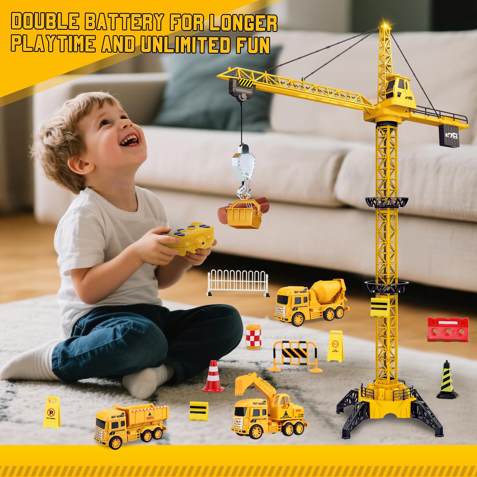 Ulikey Tour télécommandée, 128 cm de haut, grue rotative à 6 canaux, grue radiocommandée, télécommande à 680 °, ascenseur, avec phare et son, jouet de construction pour enfants à partir de 4 ans