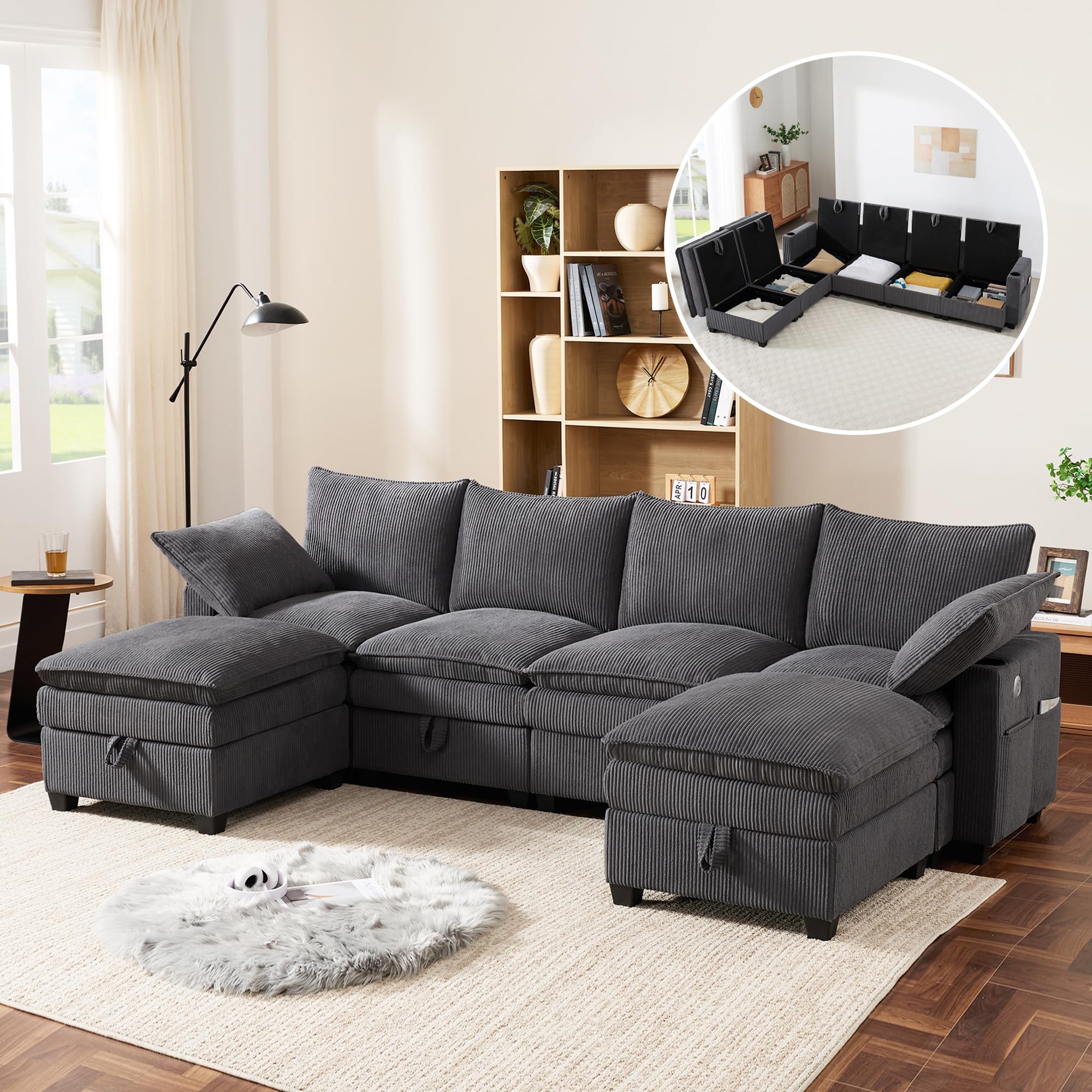 Yihomfy Canapé d’Angle Modulable en L/U 280 cm, 6 Places avec Repose-Pieds Amovible, Rangement, Porte-gobelet,Canapé Profond pour Salon, Canapé Convertible de Salon Moderne,Gris