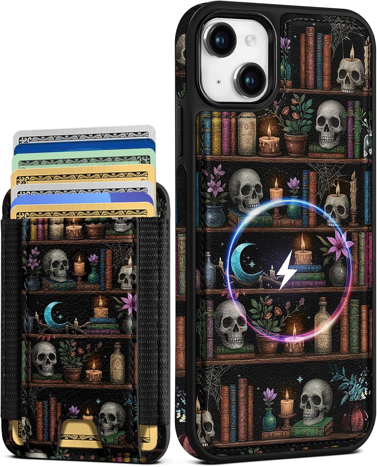 Shorogyt for iPhone 15 Plus Case Wallet - Fits 5 Cards, Compatible with Magsafe Detachable Magnetic Credit Card Holder Leather Cardholder Cute Phone Cover Women Girls for Apple 15Plus, Bookshelf