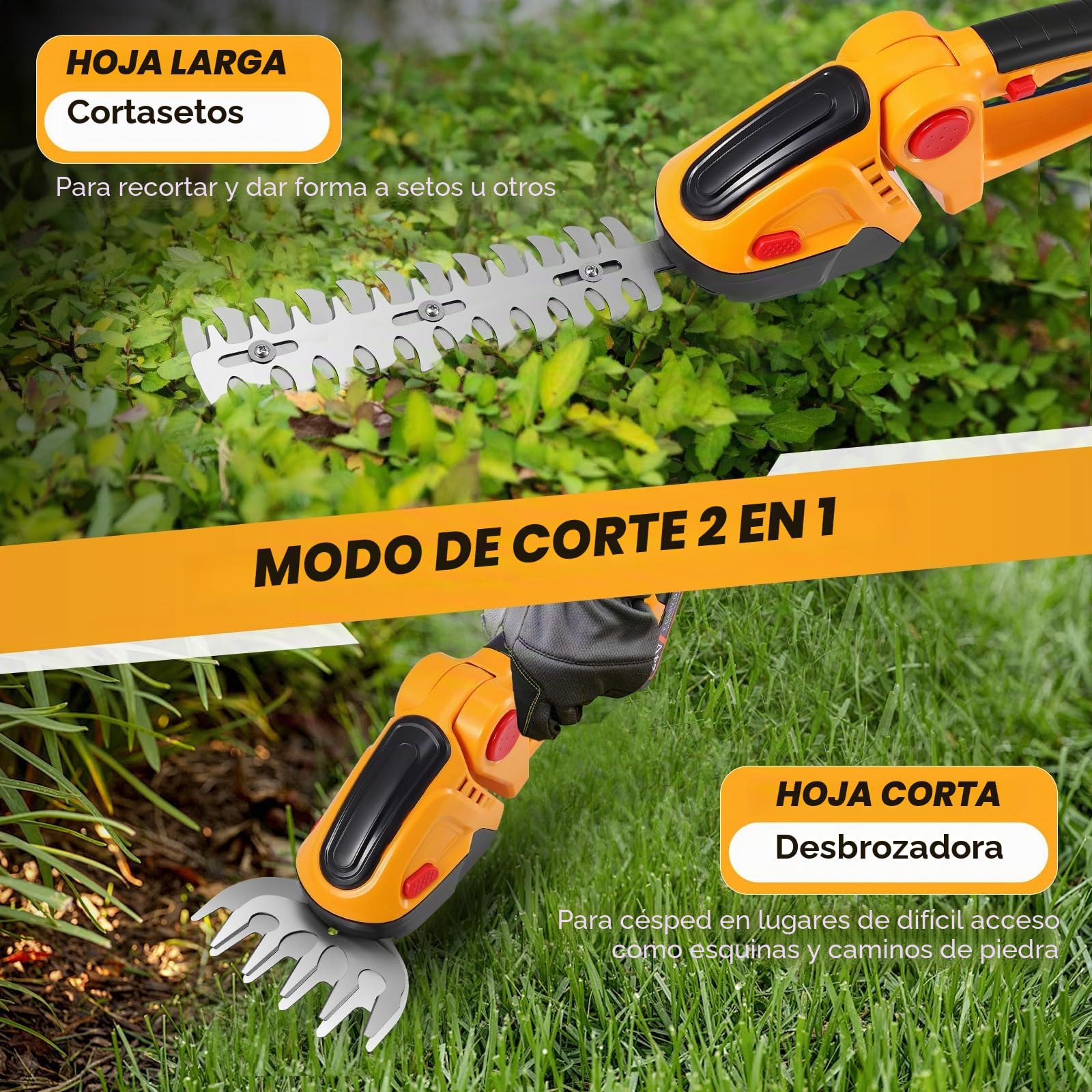 Cortasetos eléctrico 2 en 1 con barra telescópica extensible (2,5 m), 2 cuchillas profesionales, doble batería de 1500 mAh y cargador – Ideal para poda de arbustos, jardines y parterres