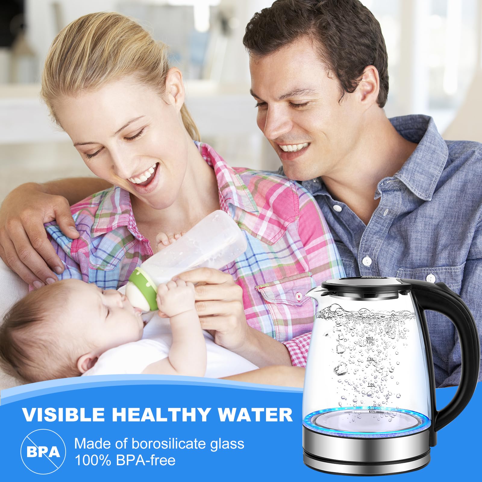 Glazen Waterkoker, Elektrische Waterkoker Met Verlicht LED-Lampje Automatische Uitschakeling En Droogkookbeveiliging BPA-Vrij Snoerloos 1350W 2.0L B,C