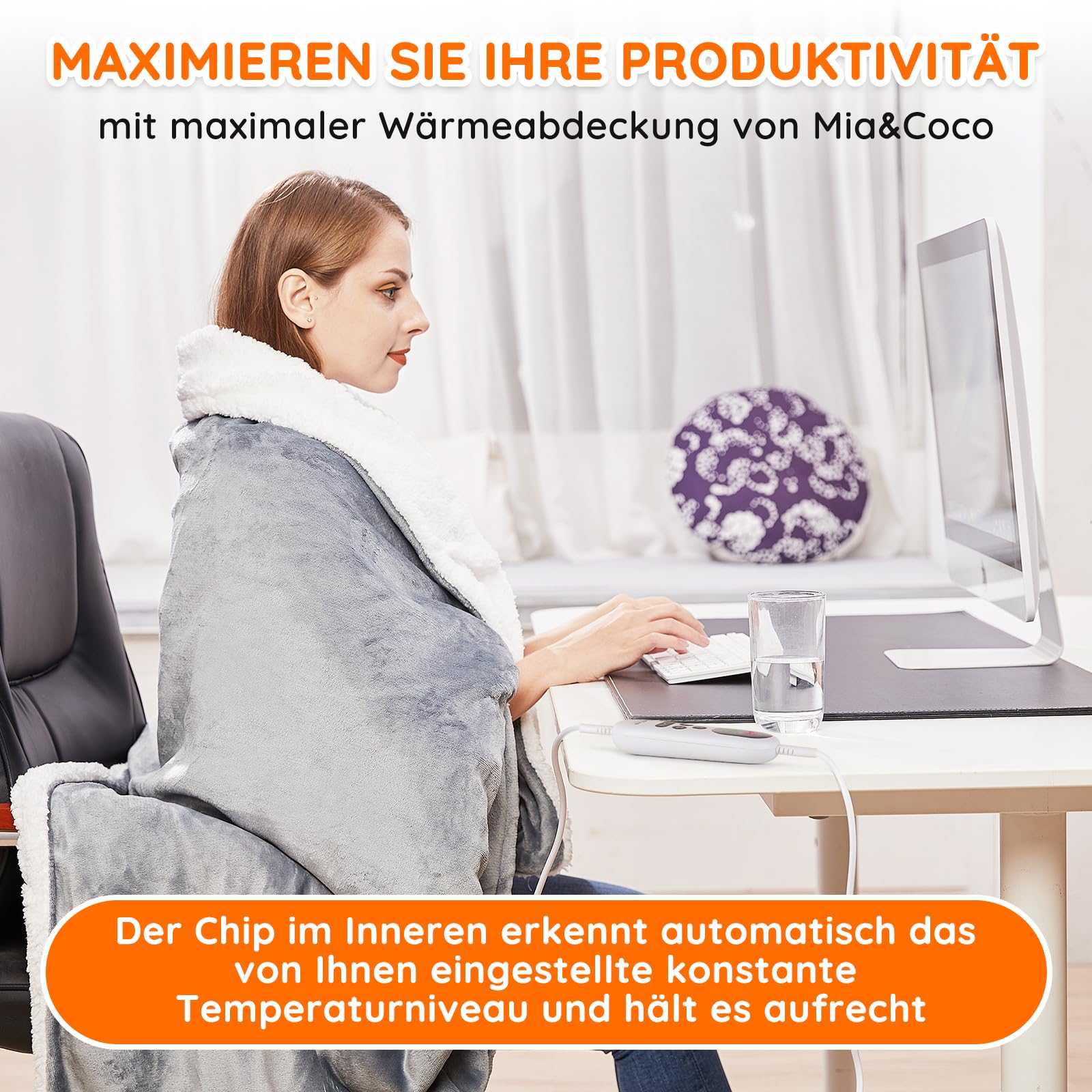 Mia&Coco Heizdecke mit Abschaltautomatik, 10 Heizstufen Up-to-9 Stunden Auto-Off-Timer Überhitzungsschutz, Elektrische Wärmedecke Bett Wärme Decke ETL-Zertifiziert für Home & Office Flanell Waschbar