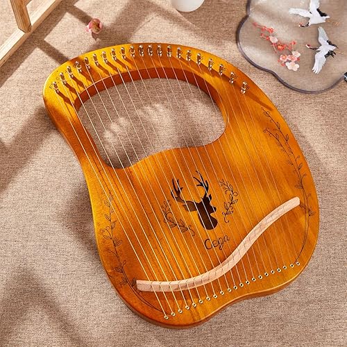 Miniatura 5 de Arpa de lira para mano izquierda, 21 cuerdas de metal, estilo mango, patrón de ciervo con forma clásica, arpa de caja de Lyra con llave de afinación