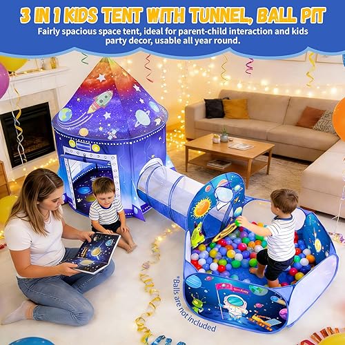 Miniatura 4 de Tienda de campaña 3 en 1 con túnel de bolas para niños, casa de juegos desplegable con temática espacial, para interiores y exteriores, juego de