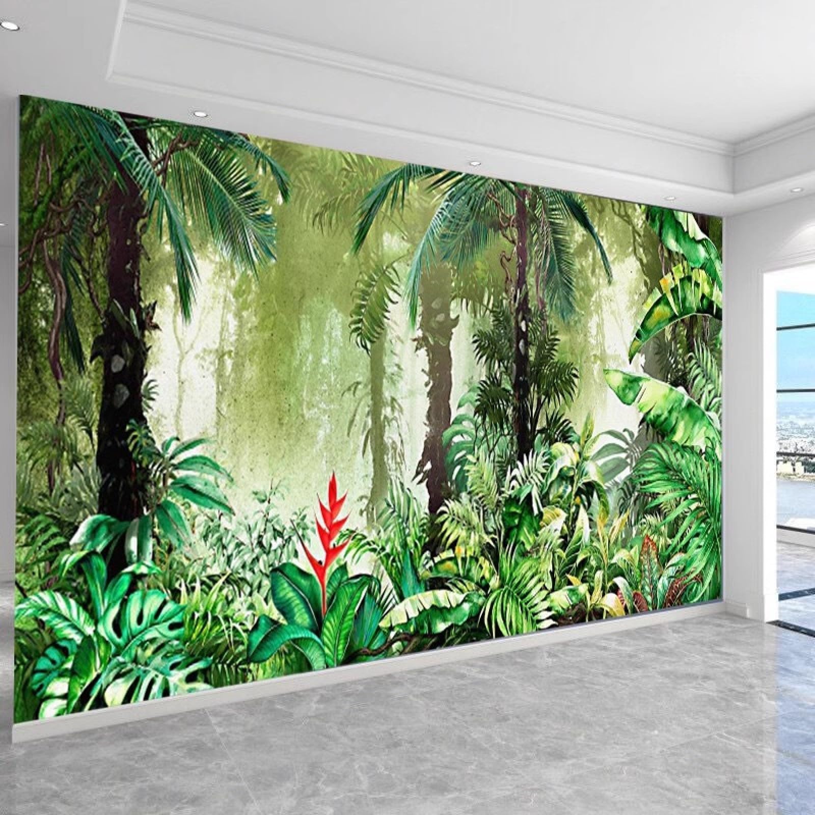 Papier peint intissé arbres verts tropicaux panoramique pour décoration murale chambre