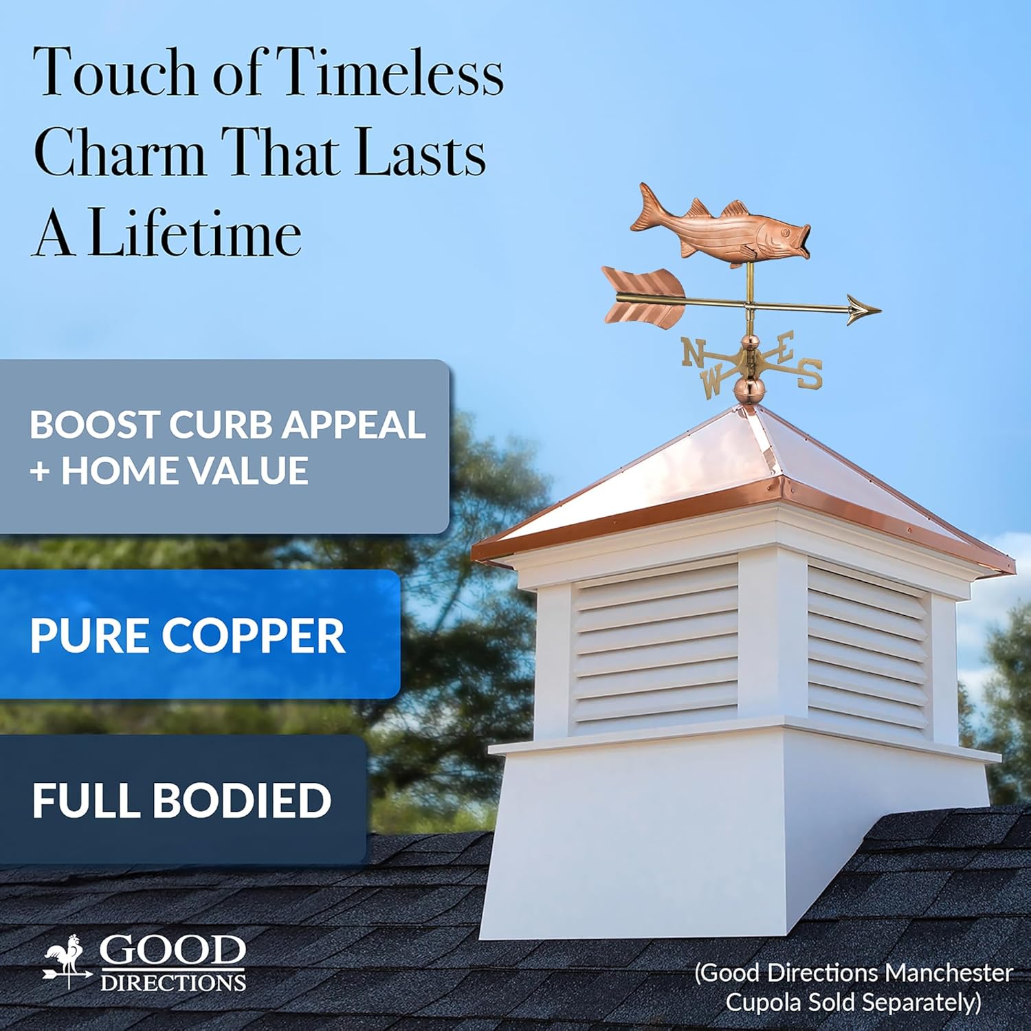 Good Directions Bass with Arrow Cottage Weathervane - Pure Copper with Roof Mount