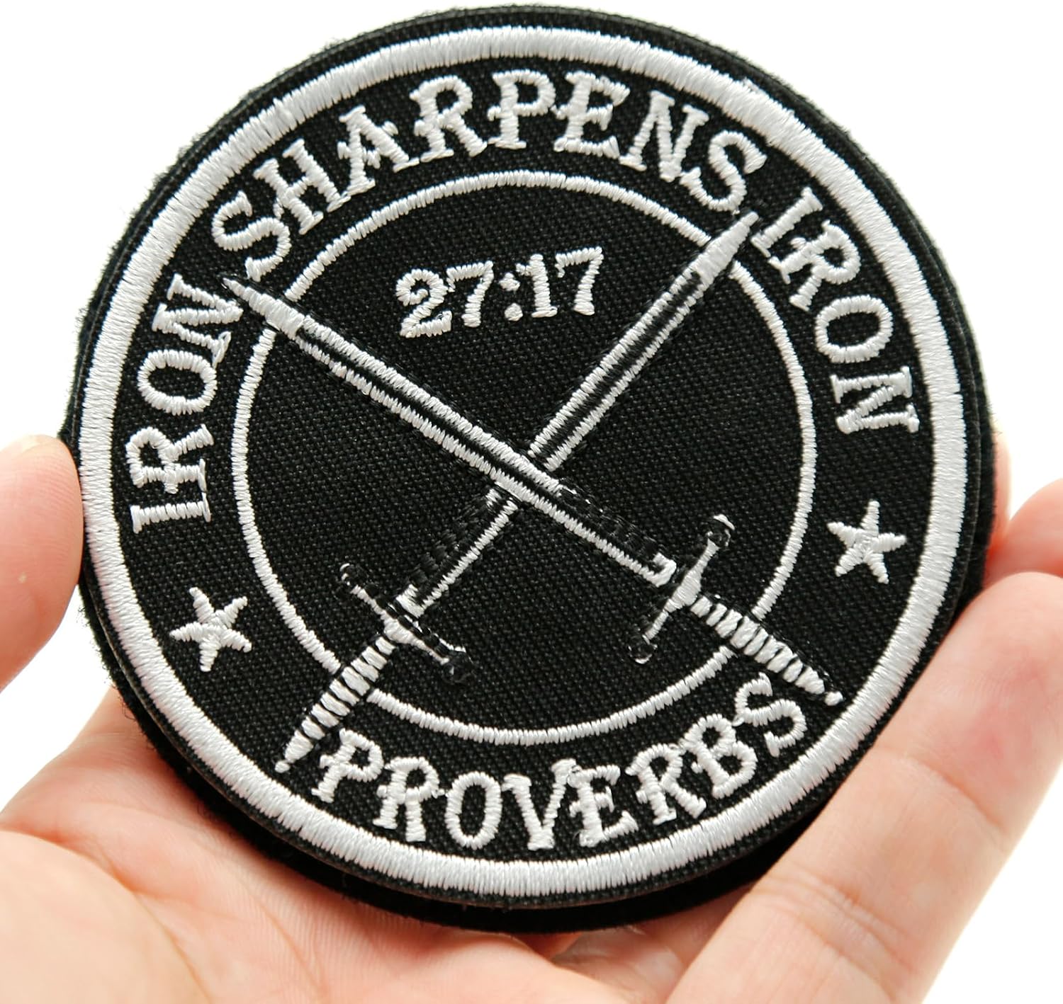 XMJY Iron Sharpens Iron Patch, Proverbs 27:17 Bible Patches, Hook and Loop Appliques for Backpacks Hats Jeans Bag, Embroidered DIY Decoration Accessories
