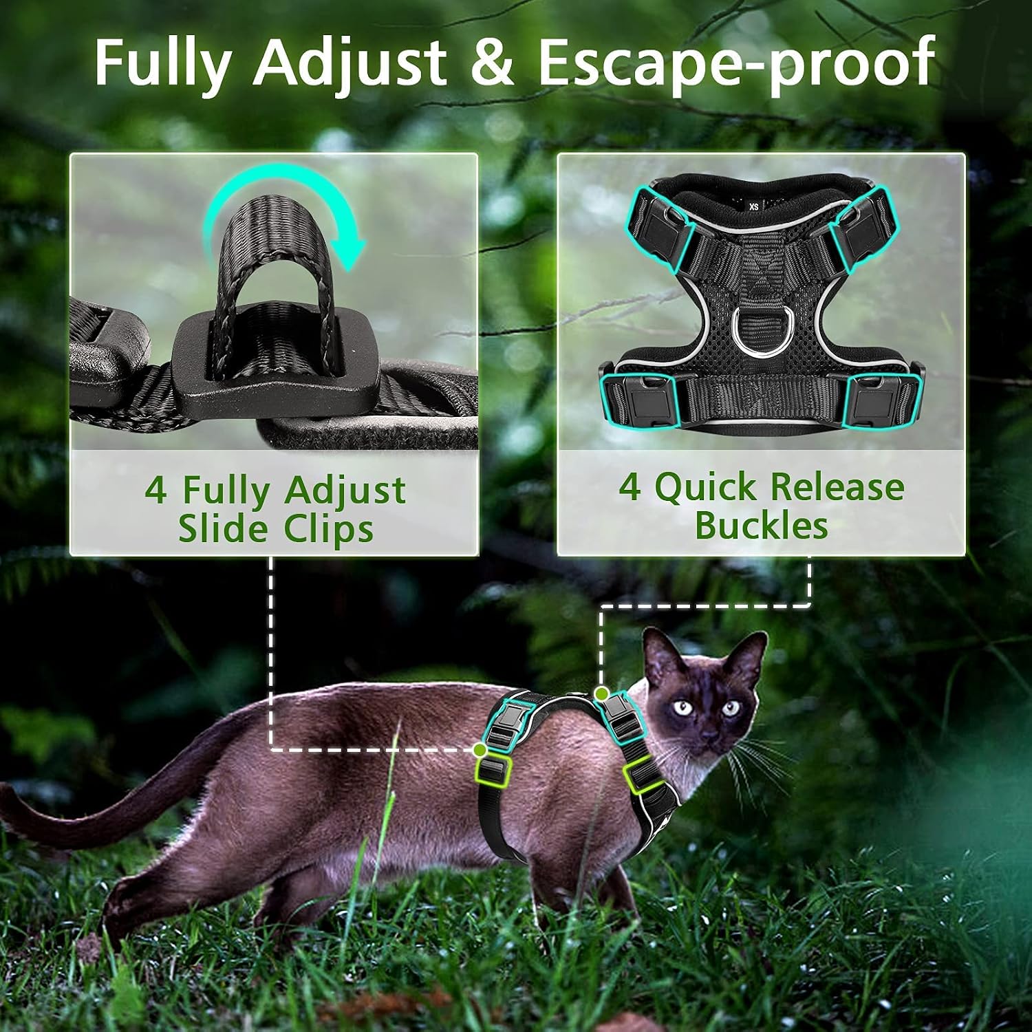 WINSEE Small Dog Harness and Leash with 4 Buckles for Big Cat,Escape Proof Breathable Cat Harness for Walking, Soft Adjustable No Pull Vest Harnesses for Cats/Small Dogs