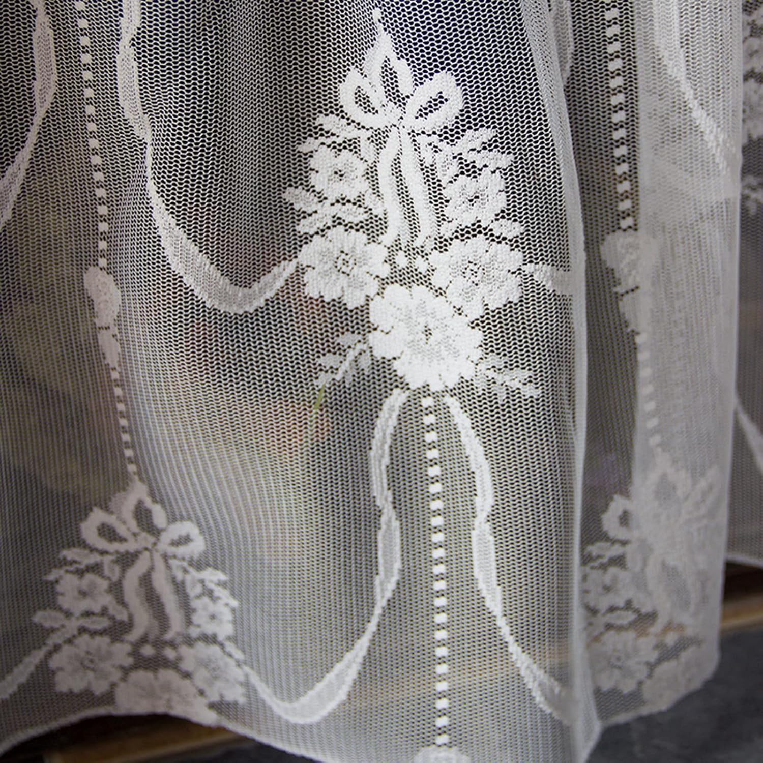 Short Kitchen Curtain for Small Window Dark Green Fabric with Embroidered White Lace Farmhouse Rustic Rod Pocket Window Treatment Valance Shade Cabinet Curtain with Bowknot