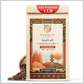 Marquis - Half Caff Coffee, Rich Blend of Half Ethiopian Yirgacheffe & Colombian Decaf Coffee Beans, Fresh Dark Roast with a Fruity Flavor, Premium Half Caff - 1 lb