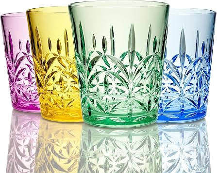 Lilys Home 13.5 oz Unbreakable Premium Drinking Tumblers Set of 4, BPA-Free Dishwasher-Safe Stackable Cups, Mixed Colors Reusable Drinkware for Water, Juice, Indoor, Outdoor Use, Made in Taiwan.