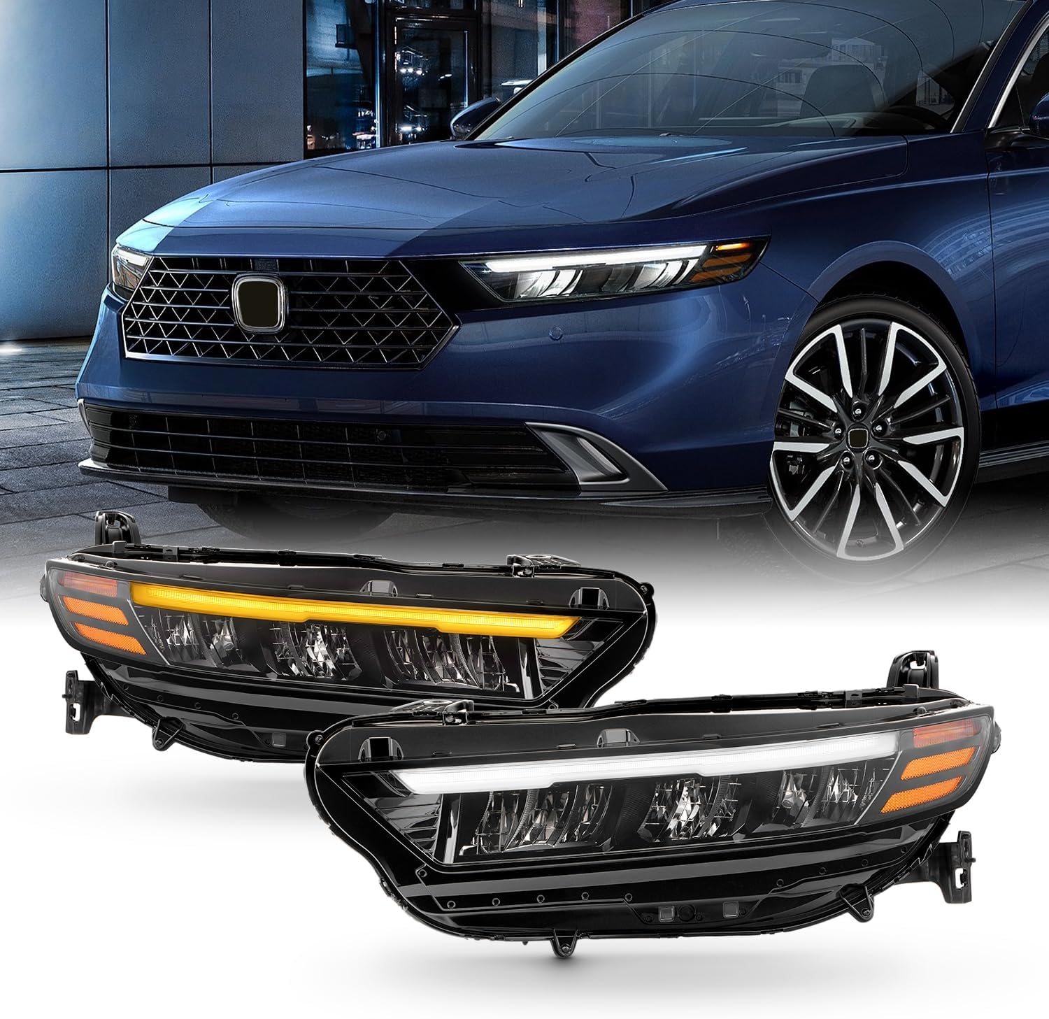 AKKON - Fits 2023-2025 Honda Accord [Full LED Reflect] Black Headlight w/DRL Tube Signal Driver Left Side Replacement