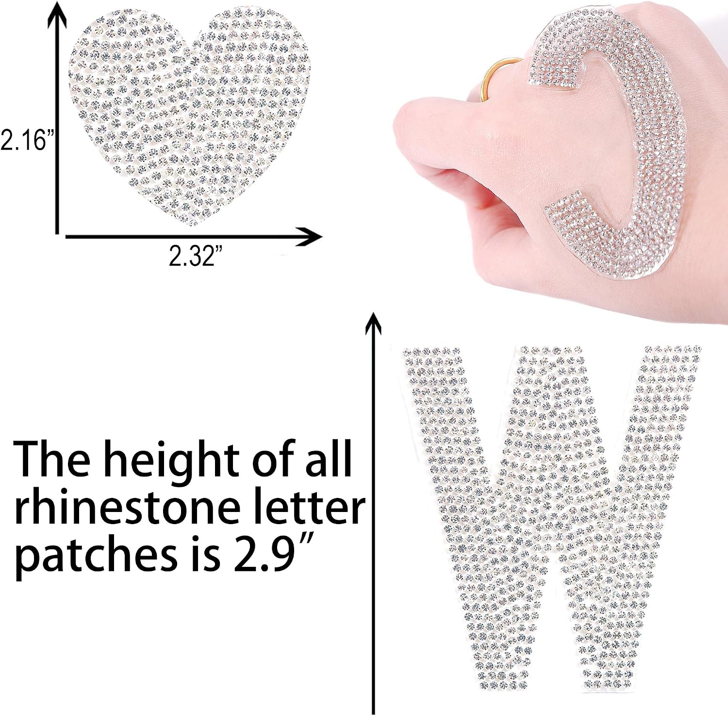 3pcs Rhinestone Iron On Letter Patches Bling Letter Patches Glitter Heart and Alphabet Applique for Clothing Bags Hats Jeans Shoes (M)