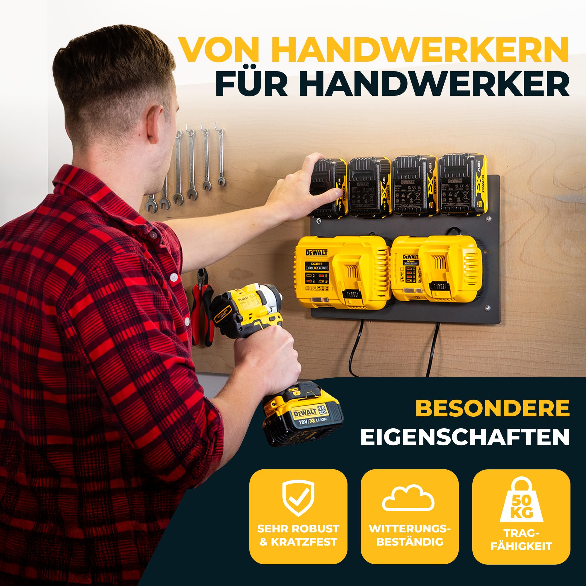 Wandfest Wandhalterung für DeWalt Akkus und Ladegeräte Made in Austria 1-4 Akkus