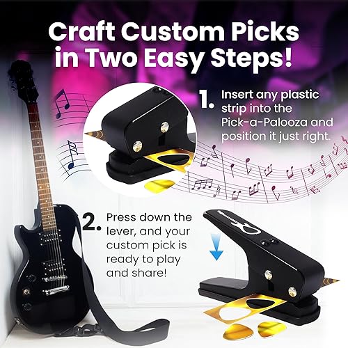 Miniatura 4 de Pack de regalo Pick-a-Palooza DIY para punzón de púa de guitarra - Fabricante de púas premium con llavero de cuero, 4 tiras y una lima - Negro