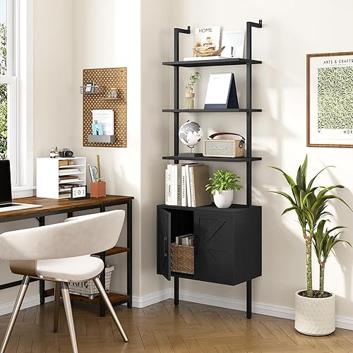 Miniatura 4 de Yusong Estantería de 73 pulgadas de alto con gabinete, estante de montaje en pared con escalera industrial, estantería de granja con marco de madera