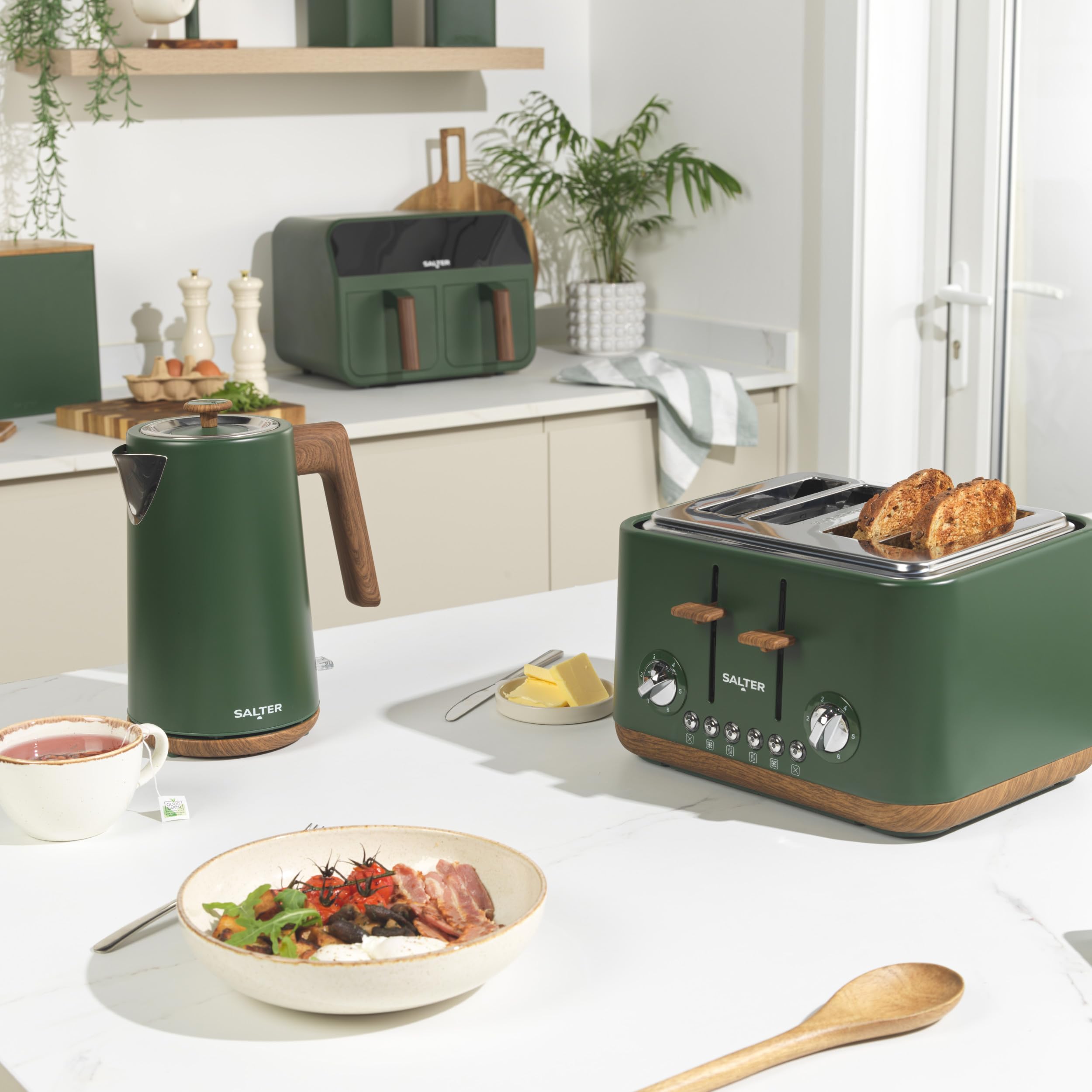 Salter Toronto 4-tlg. Arbeitsplatten-Set, Brotkasten, Vorratsdosen, Grün | Pulverbeschichtet, Akazienholz-Deckel, quadratisch/rechteckig, abwischbar, für Tee, Kaffee, Zucker
