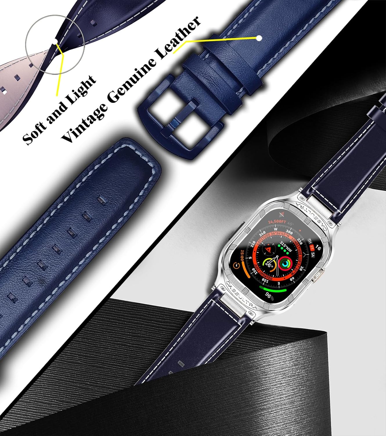 Stainless Steel Case Compatible with Apple Watch Ultra 2 Bands for Men 49mm 45mm 44mm 42mm,Vintage Genuine Leather Strap for iWatch Ultra 1/2 Series 9 8 7 6 5 4 3 2 1SE