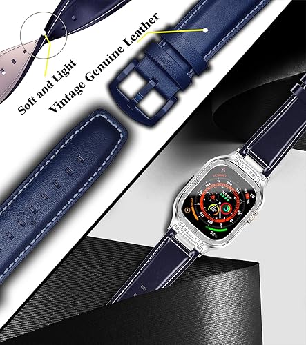 Miniatura 6 de Stainless Steel Case Compatible with Apple Watch Ultra 2 Bands for Men 49mm 45mm 44mm 42mm,Vintage Genuine Leather Strap for iWatch Ultra 12 Series