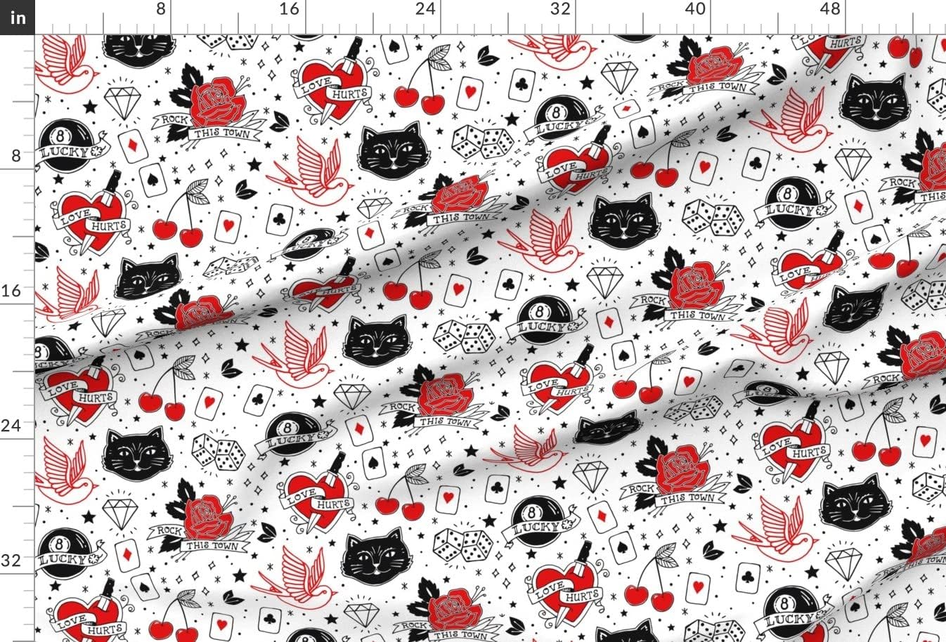 Spoonflower Fabric - Rockabilly Tattoos Large Tattoo Rock Roll Heart Luck Black Cat Bird Printed on Minky Fabric by The Yard - Sewing Baby Blankets Quilt Backing Plush