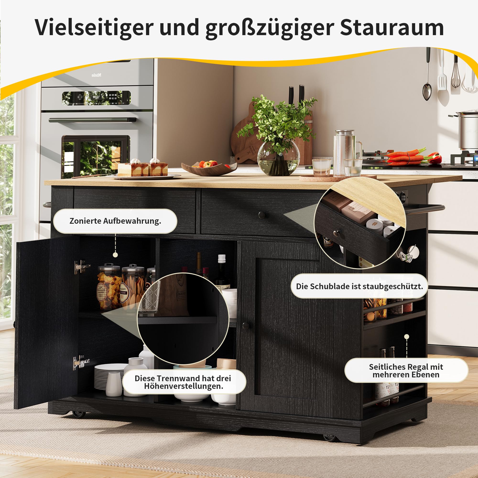 Merax Isla de cocina con encimera, carrito de cocina móvil equipado con regleta, armario buffet con 2 puertas, 2 cajones, estante para especias, toallero, 151,5 x 84,7 x 91,7 cm, color negro