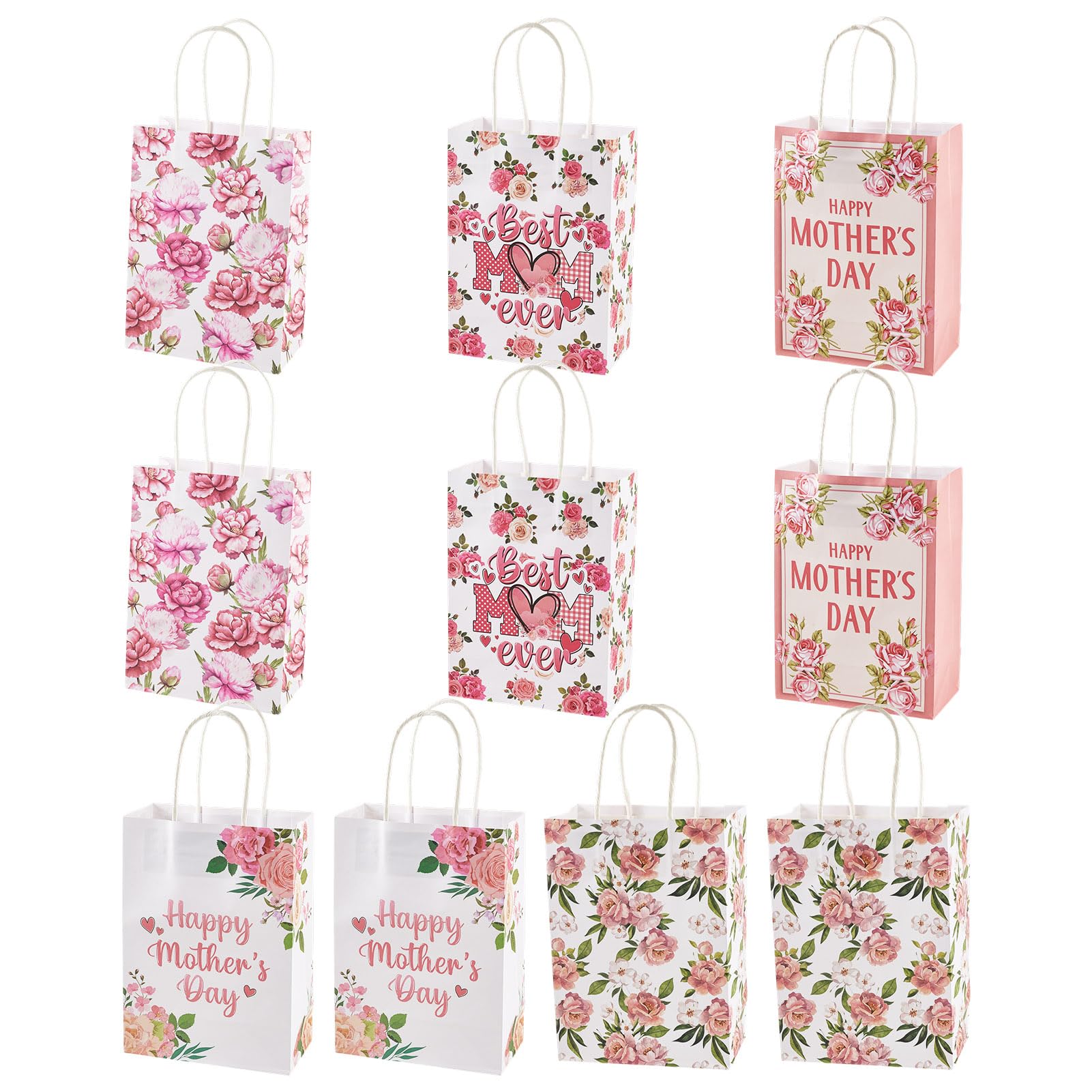 Crafans 10Pcs Flowers Printed Paper Present Bags Mother’s Day Theme Paper Shopping Bags Pink Rose/Carnation Tote Bag Rectangle for Birthday Wedding Party Favors