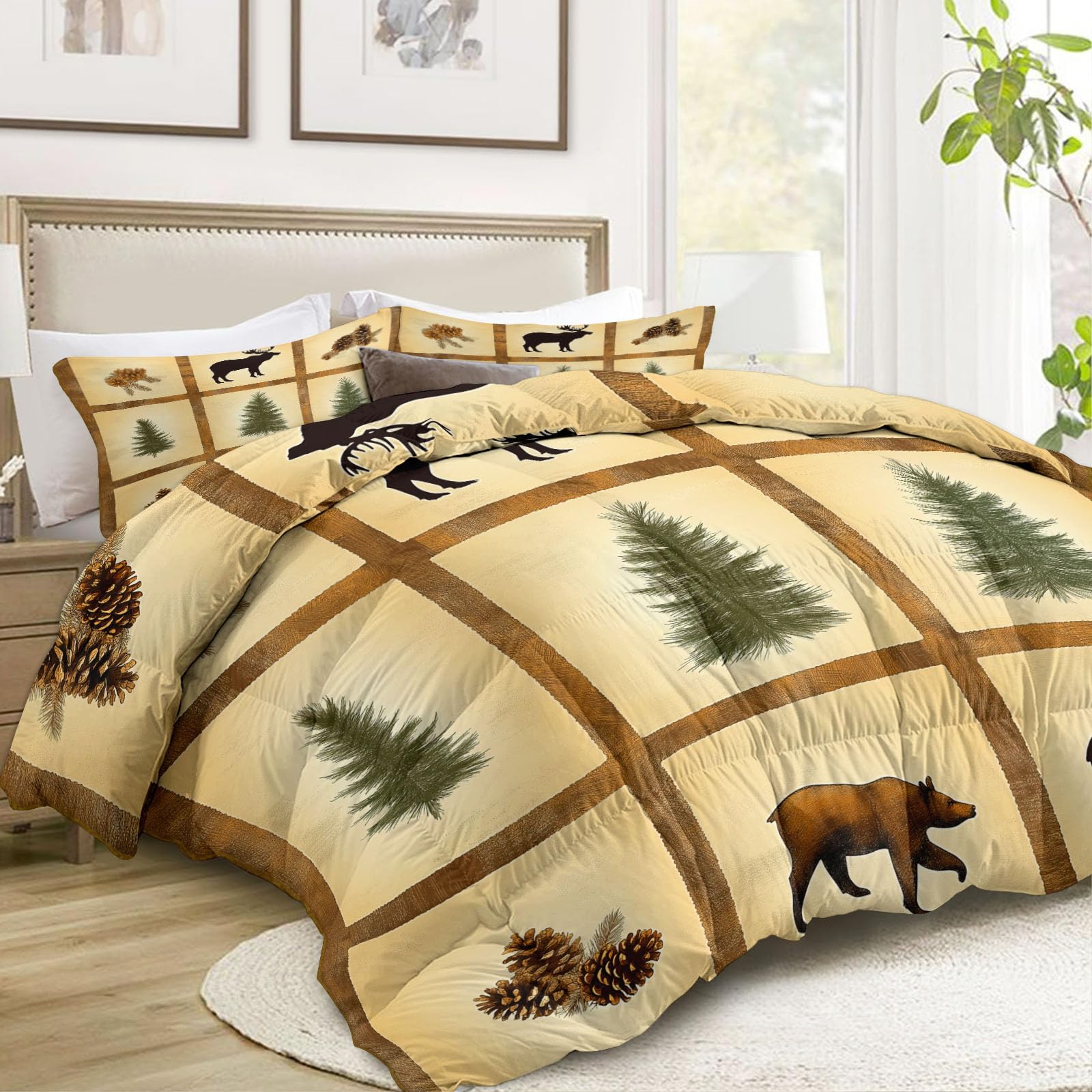 Forest Baldosas Pino Alce Suave Edredón Edredón 140 x 200 cm, Estilo Vintage Ligero Edredón para Cama - Lavable a máquina Caliente Manta 4 Estaciones Edredón para Niños Niñas Niños Adolescentes