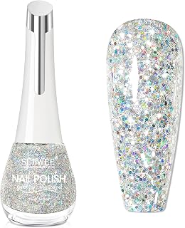 Glitter Nail Polish Quick Dry Silver Nail Polish Shimmer Holographic Nail Lacquer Iridescent Fingernail Polish for Beginner Finger Toe Manicure DIY 16ml/0.54fl oz