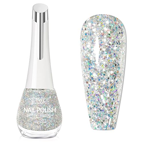 Glitter Nail Polish Quick Dry Silver Nail Polish Shimmer Holographic Nail Lacquer Iridescent Fingernail Polish for Beginner Finger Toe Manicure DIY 16ml/0.54fl oz