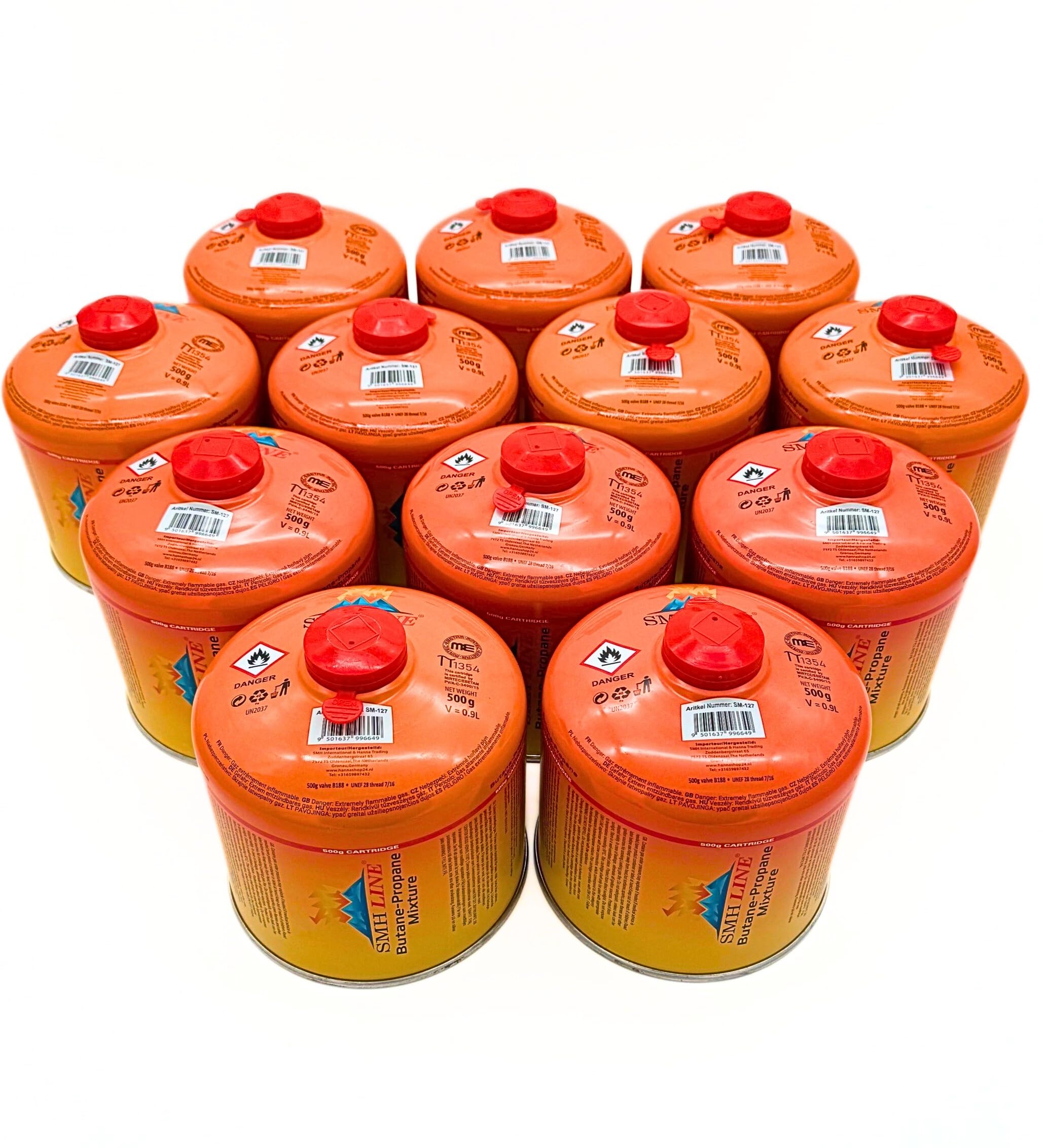 SMH LINE Cartouche à vis butane 12 x 500 g filetage universel 7/16 cartouches de gaz Cartouche de valve EN 417 filetage Brûleur à fil Propane Mélange de cuisine de camping, cuisinière à gaz, chauffage