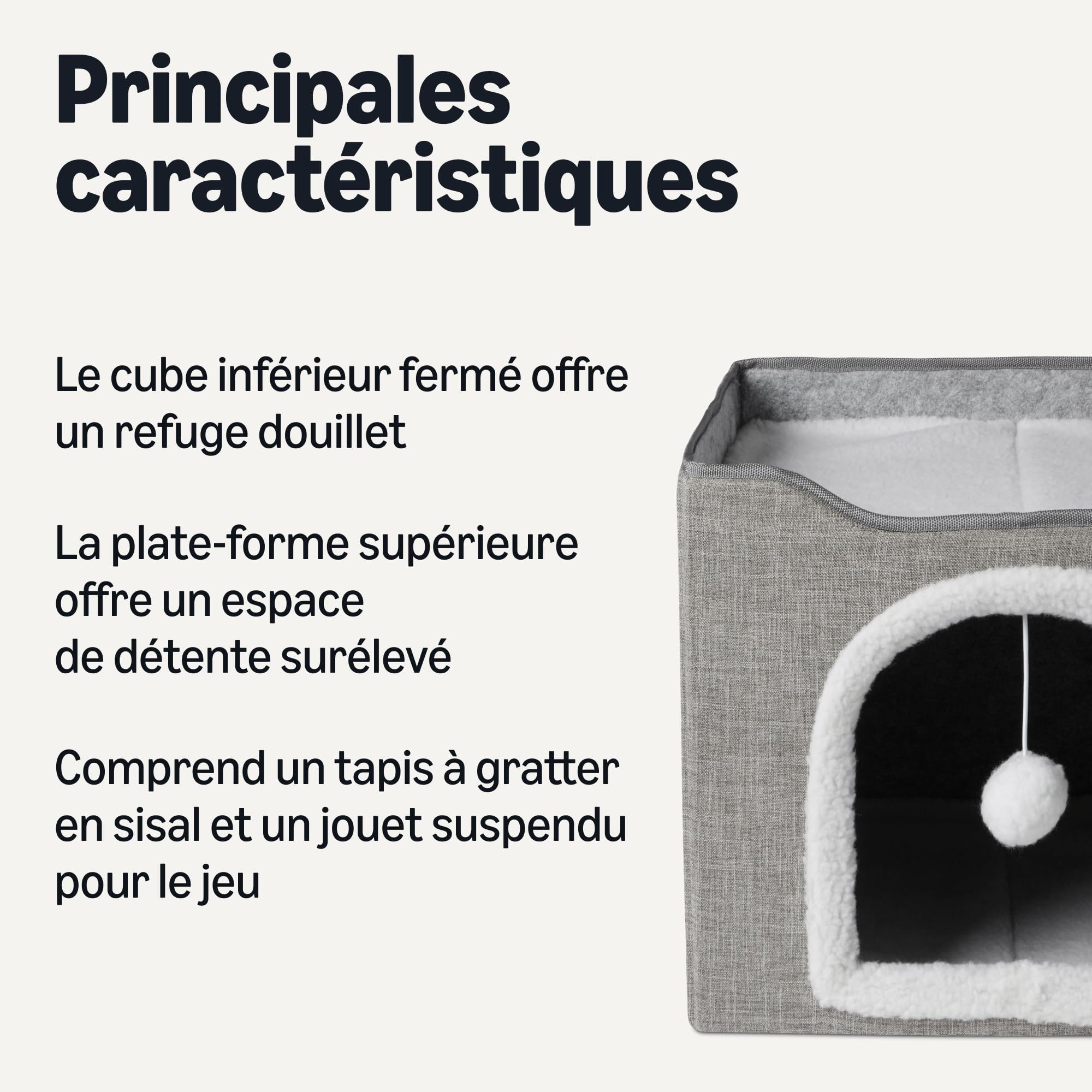 Amazon Basics Niche à 1 Étage pour Chats, Lit pour Chats d’Intérieur avec Balle Suspendue et Tapis à Gratter, Maisonnette Pliable pour Chats, 41,9cm x 41,9cm x 33,0cm, Gris