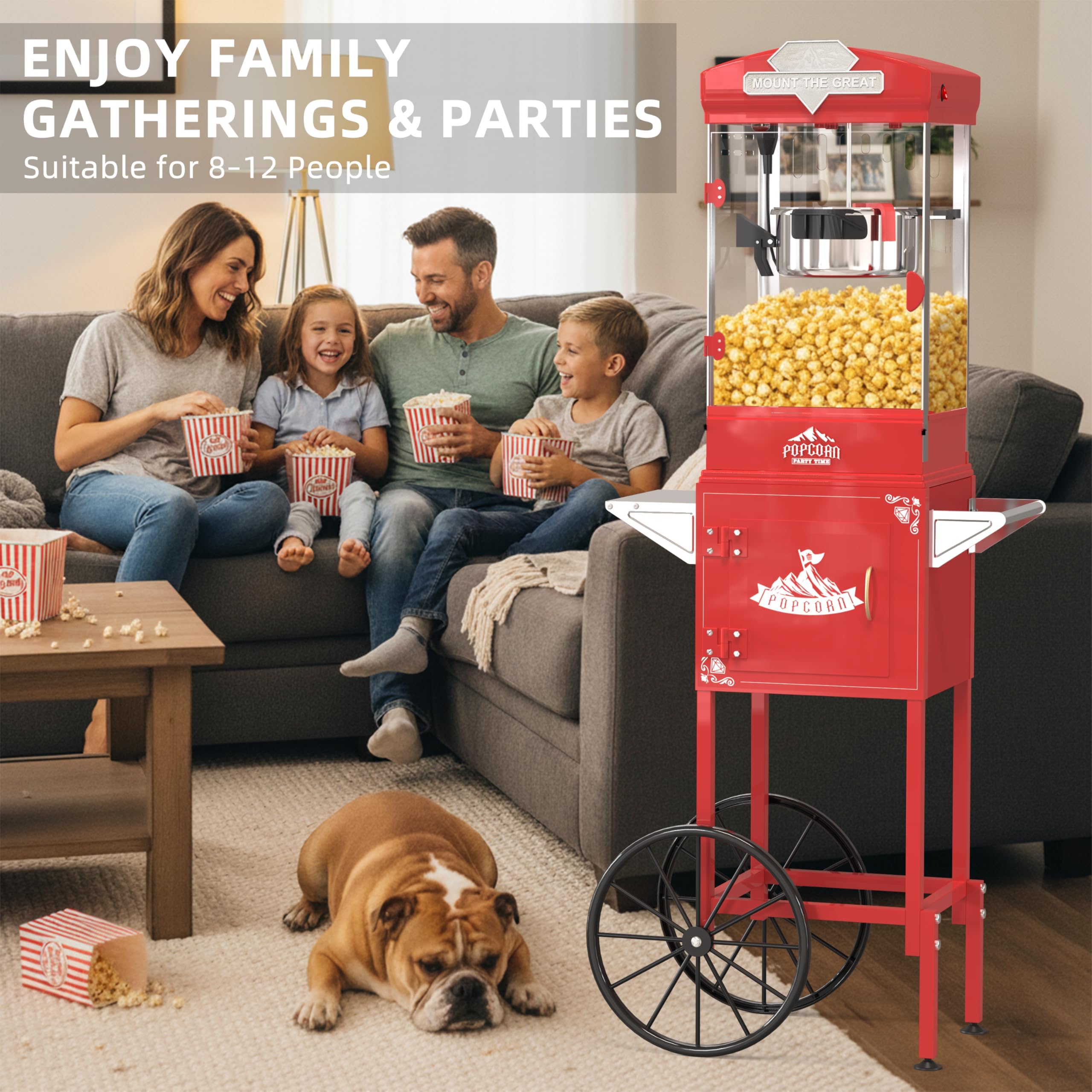 Máquina de palomitas de maíz, carrito de estilo vintage con ruedas, para hacer hasta 40 tazas, ideal para uso doméstico y comercial, calidad de cine