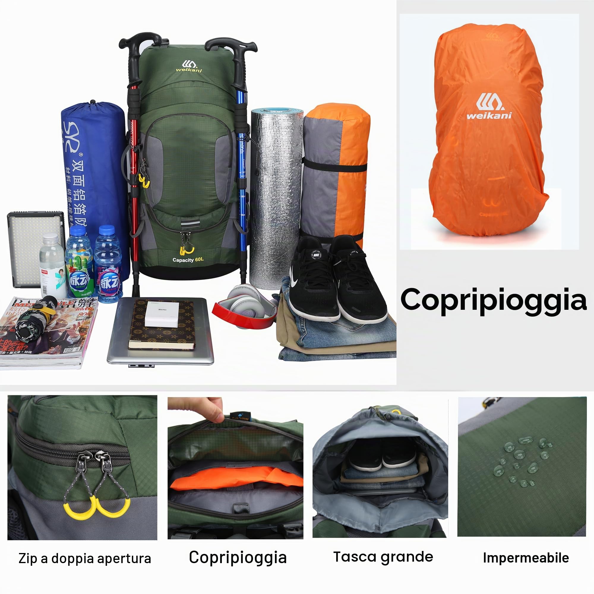 Zaino da trekking da 60 litri con copertura antipioggia, impermeabile, leggero, zaino da viaggio per esterni, zaino grande per uomo e donna, zaino ad alta capacità per escursionismo, trekking