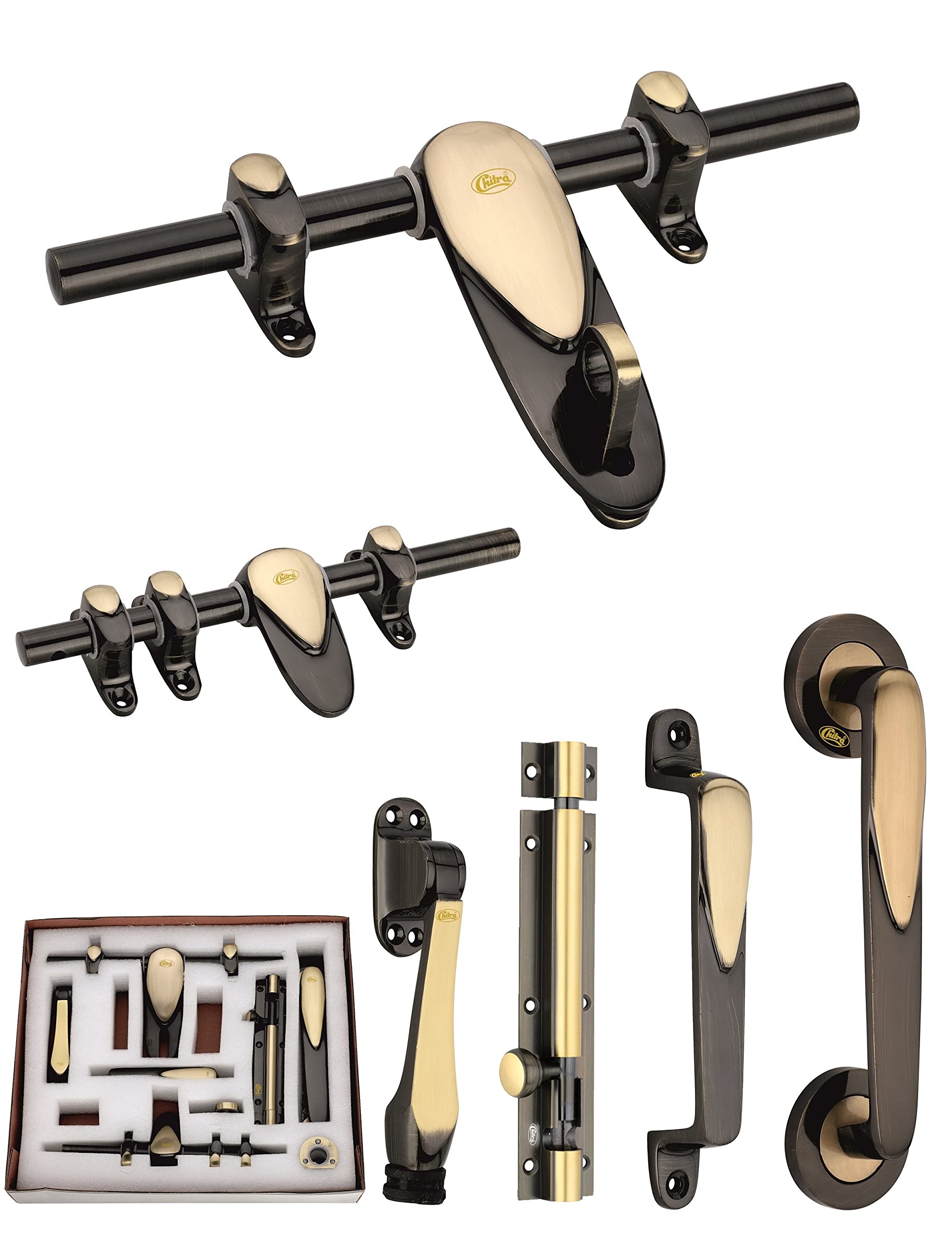 Chitra Tisco Series Brass Heavy Single Door Fitting Accessories Full Set/Kit (1 Aldrop, 1 Latch, 2 Handles, 1 Tower Bolt and 1 Door Stopper) (10 Inch, Two Tone Antique Brass)