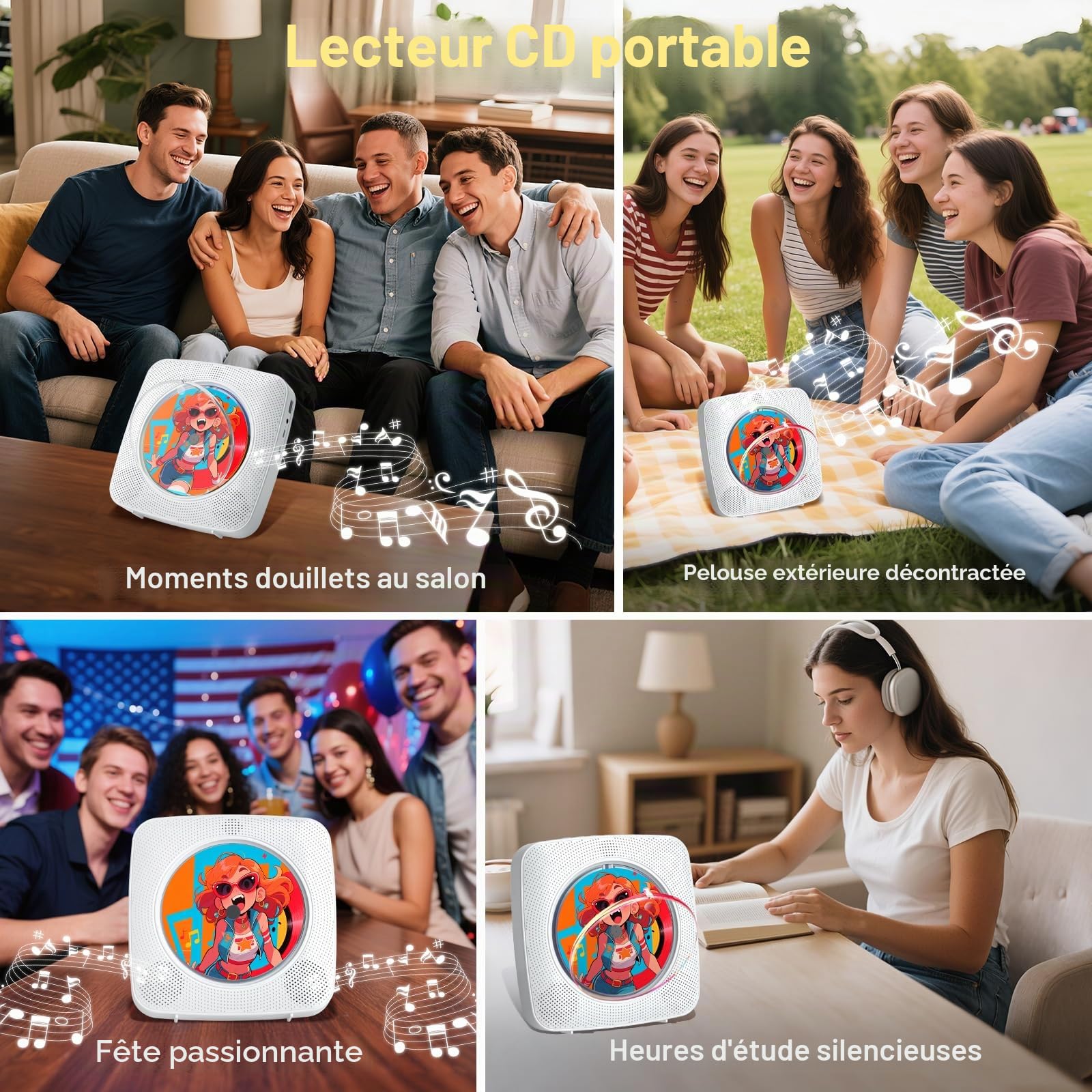 Gueray Lecteur CD Portable Enfant : Lecteurs CD Bluetooth pour la Maison avec Haut-parleurs Batterie 1800 mAh Télécommande Couvercle Anti-poussière Amovible Lecteur CD Mural avec Radio USB AUX Blanc