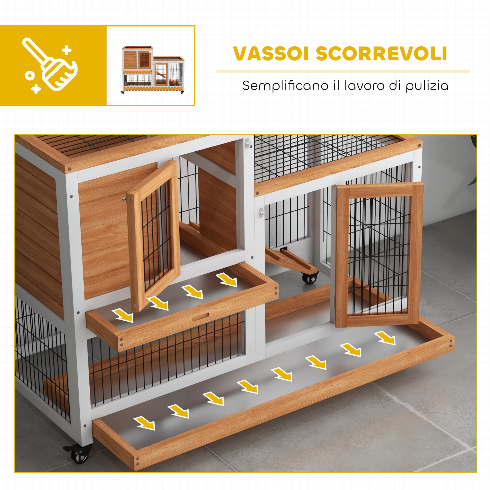 PawHut Conigliera da Interno in Legno di Abete con Ruote, Vassoi Estraibili e Casetta per Conigli con Rampa, 110x50x88 cm, Giallo e Bianco