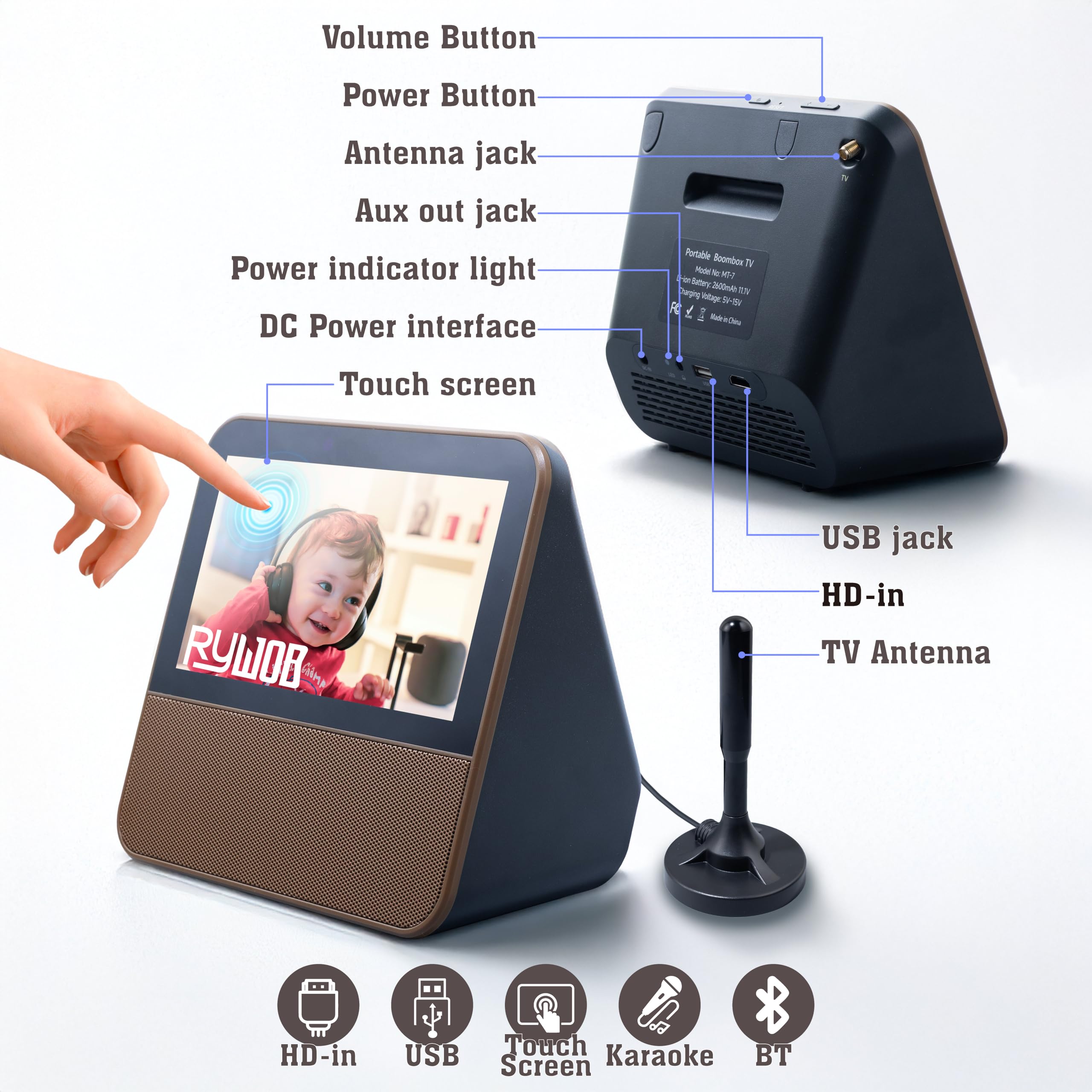 Piccola TV da 7 pollici con touch screen 1080P, macchina per karaoke Bluetooth | Batteria ricaricabile incorporata,Supporto ingresso USB/HDMI,Mini TV portatile con telecomando